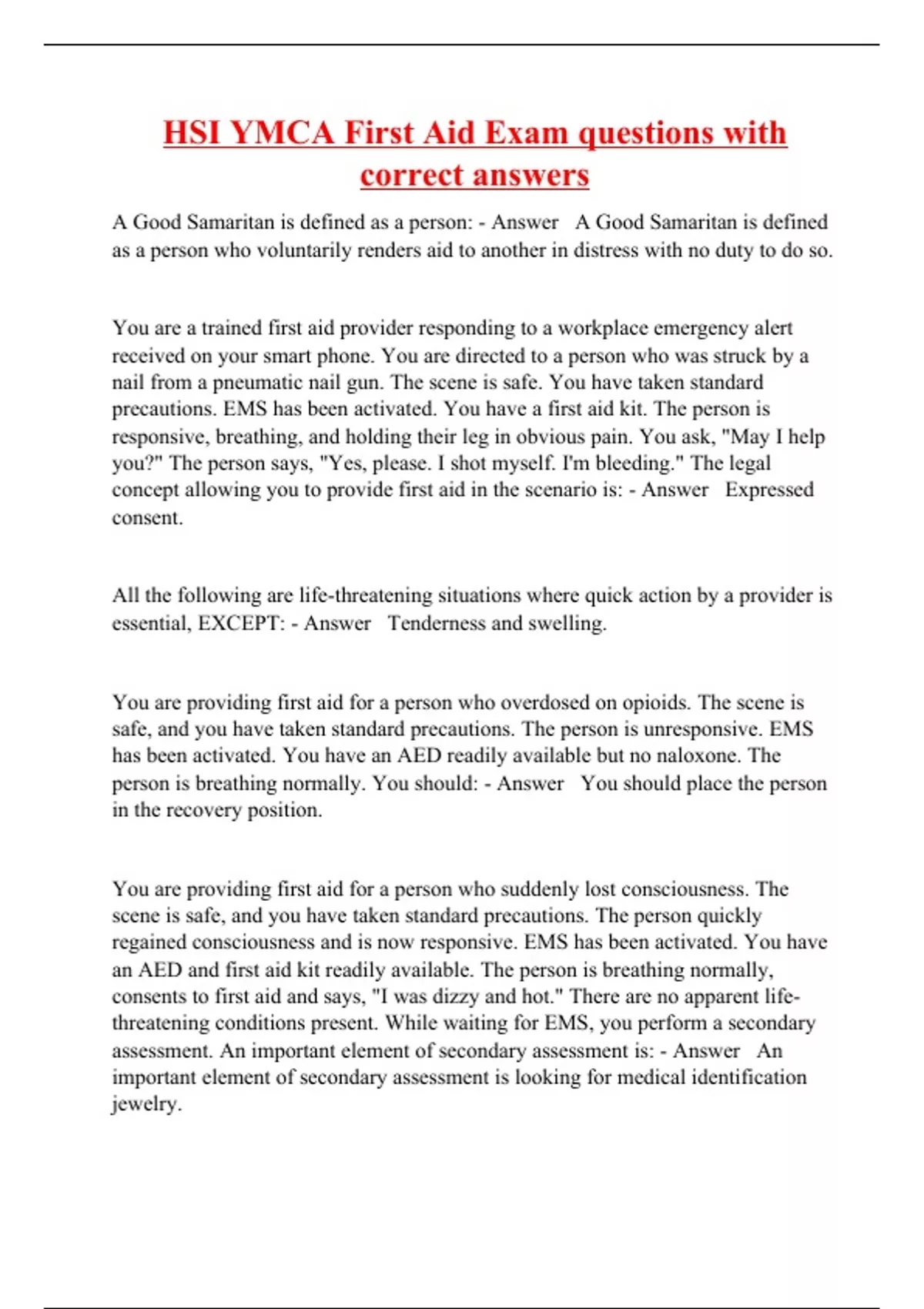 HSI YMCA First Aid Exam questions with correct answers Ymca Stuvia US