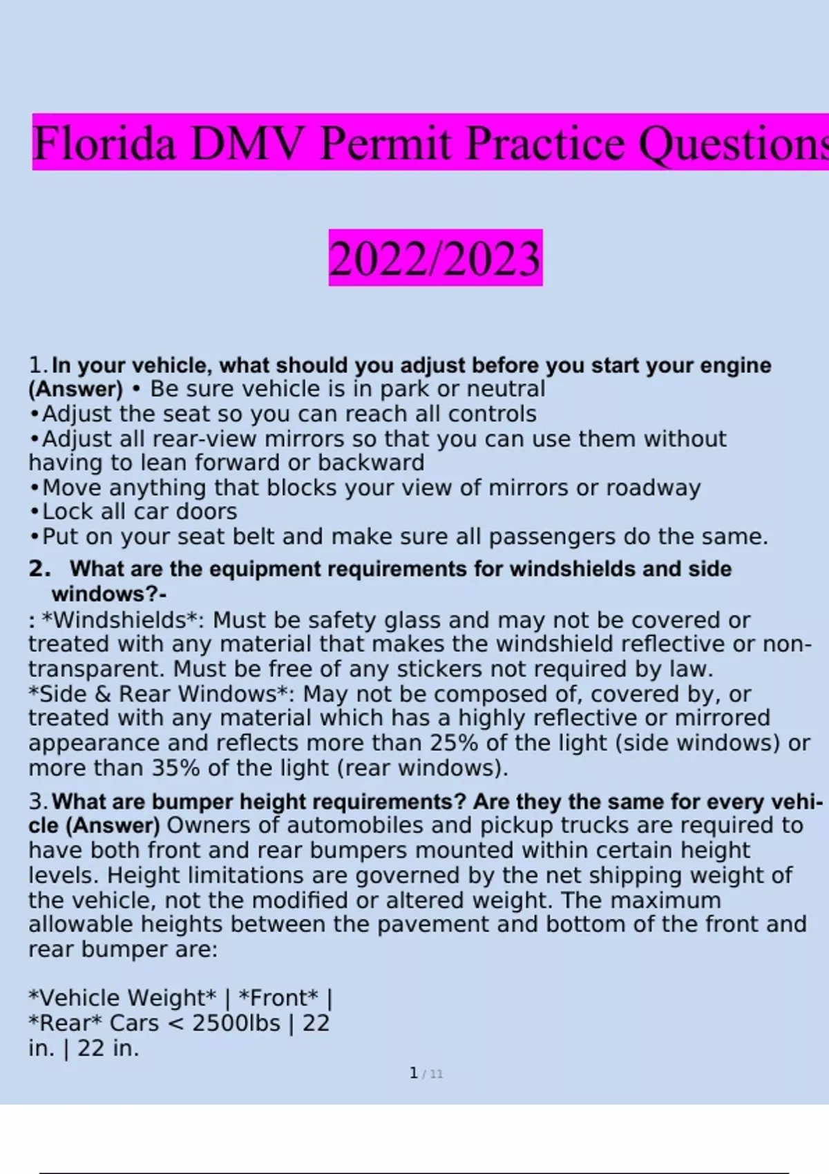 Florida DMV Permit Practice Questions Questions & Answers 2023 Verified