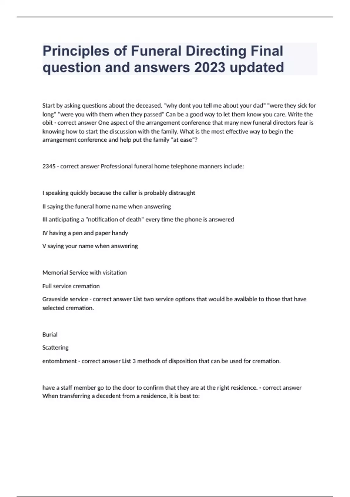 Principles of Funeral Directing Final question and answers 2023 updated ...