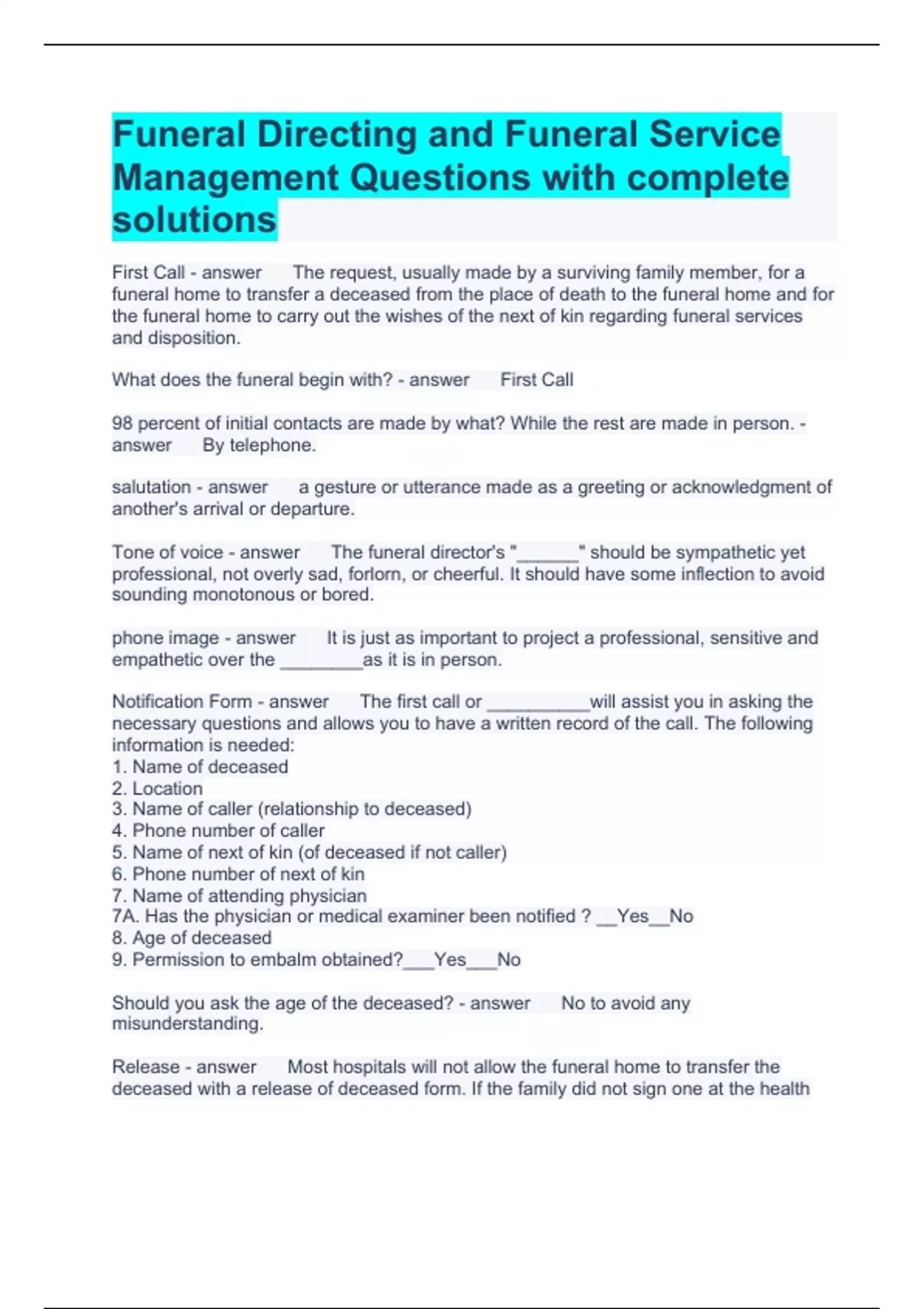 Funeral Directing and Funeral Service Management Questions with