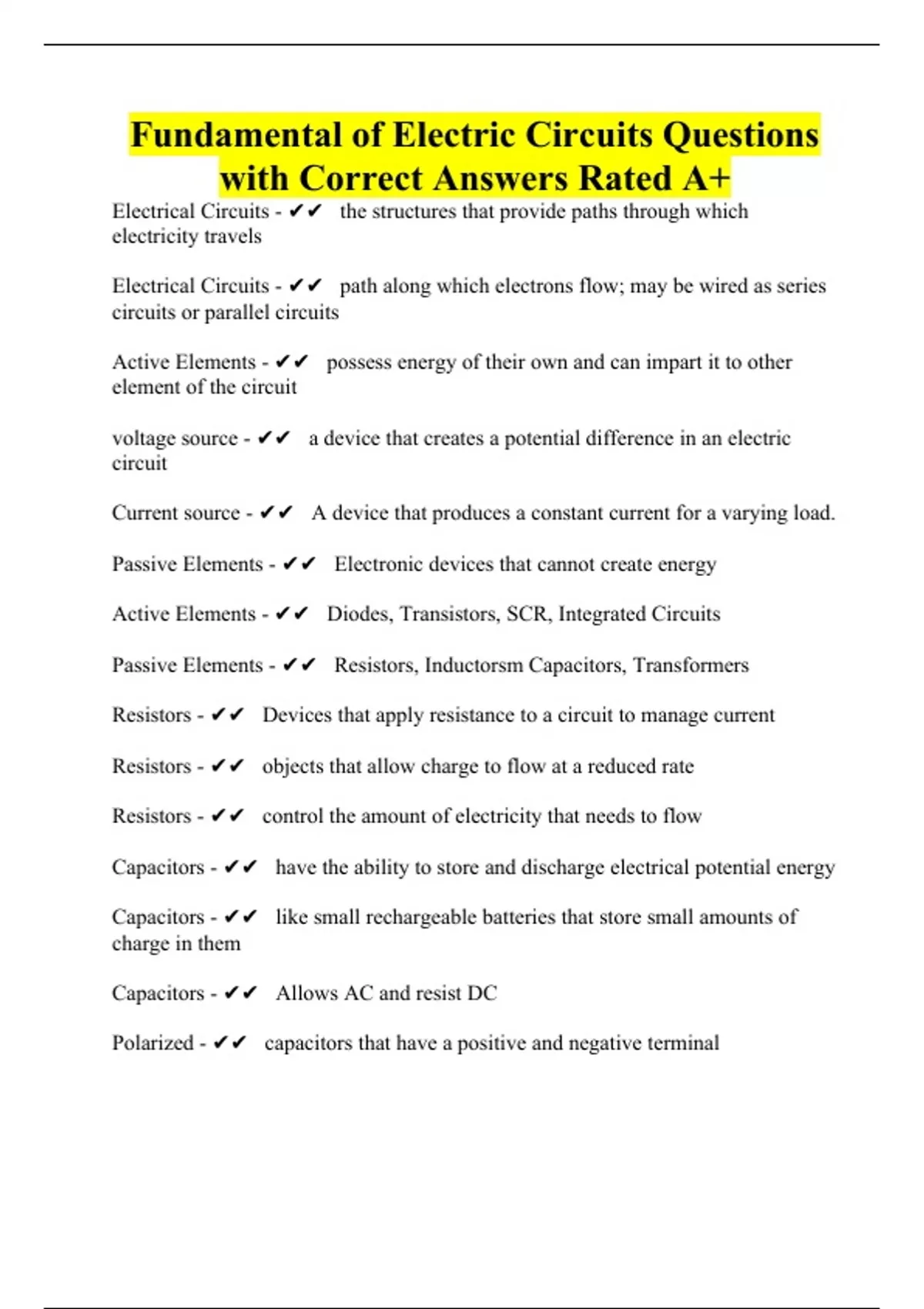 Fundamental of Electric Circuits Questions with Correct Answers Rated A+ Fundamental of