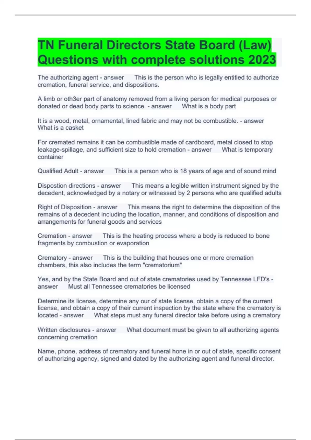 TN Funeral Directors State Board (Law) Questions with complete solutions 2023 Funeral Director