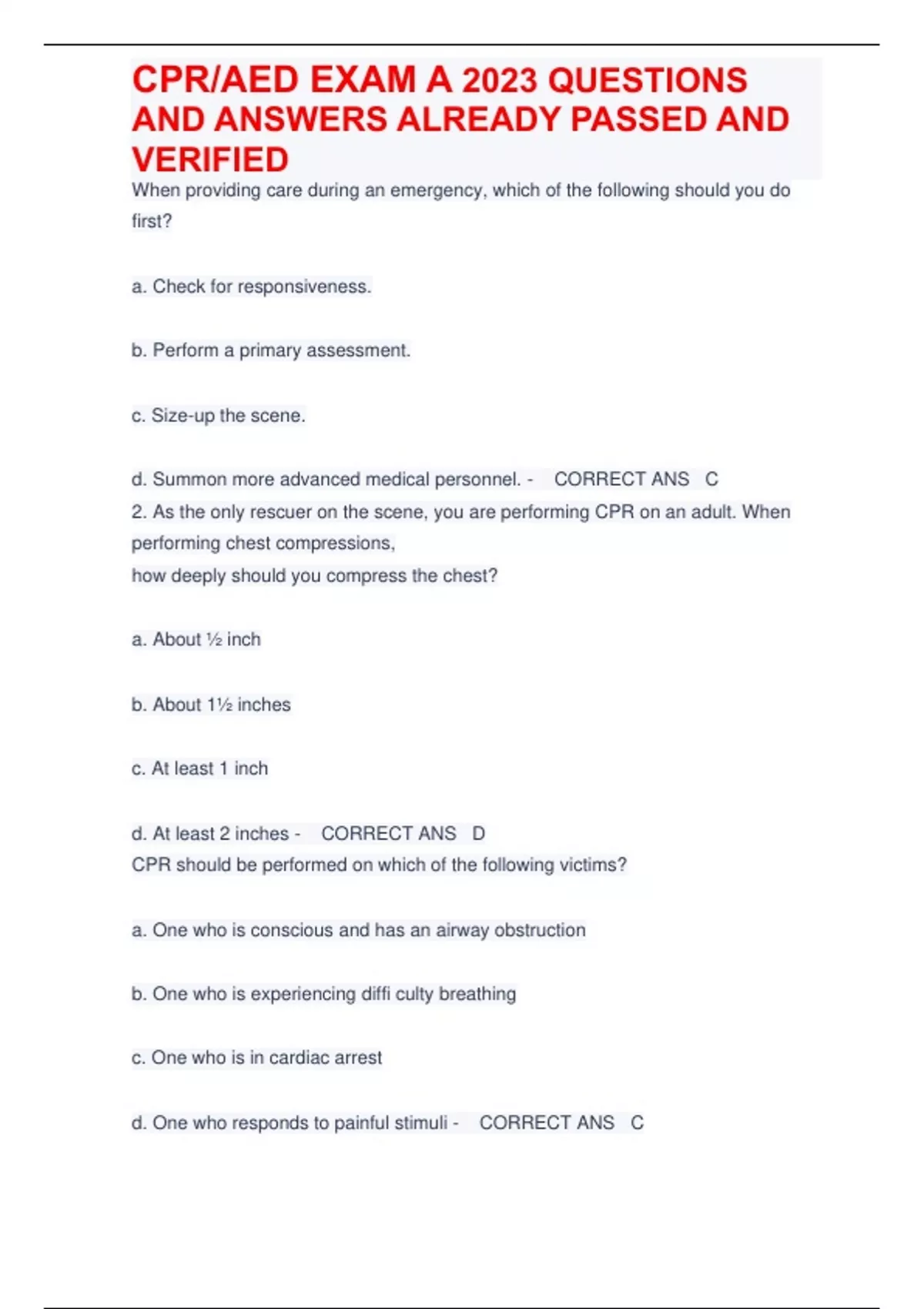 CPR/AED EXAM A 2023 QUESTIONS AND ANSWERS ALREADY PASSED AND VERIFIED CPR/AED Stuvia US