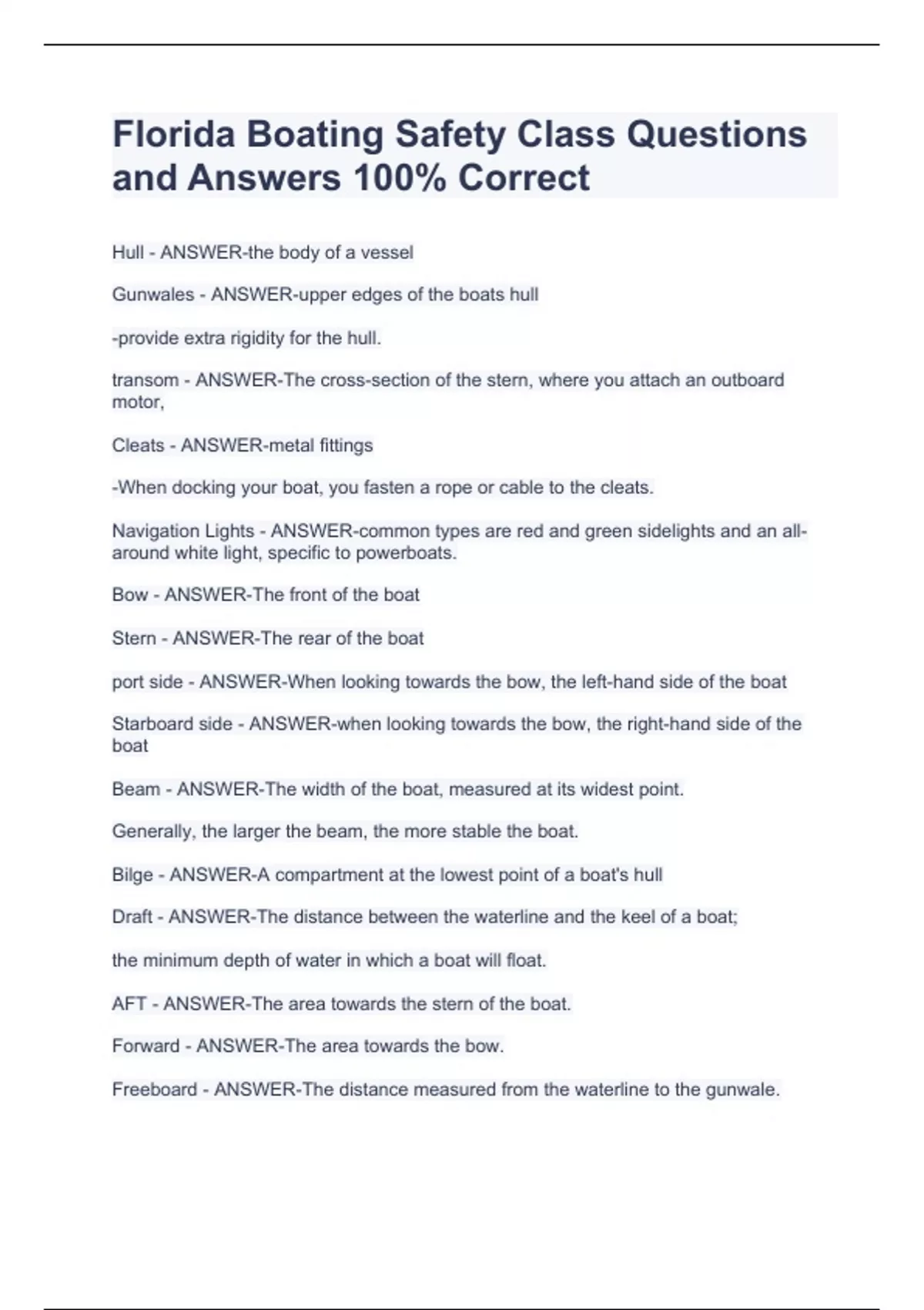 Florida Boating Safety Class Questions and Answers 100 Correct