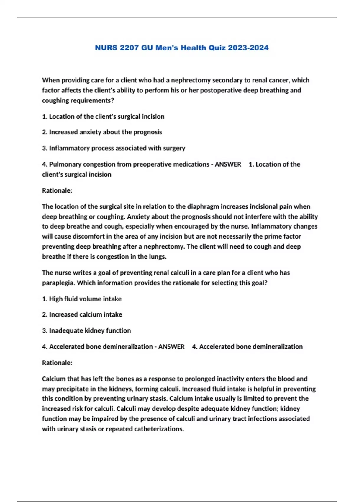 NURS 2207 GU/ Men's Health Quiz NURS 2207 GU/Men\'s Health Stuvia US