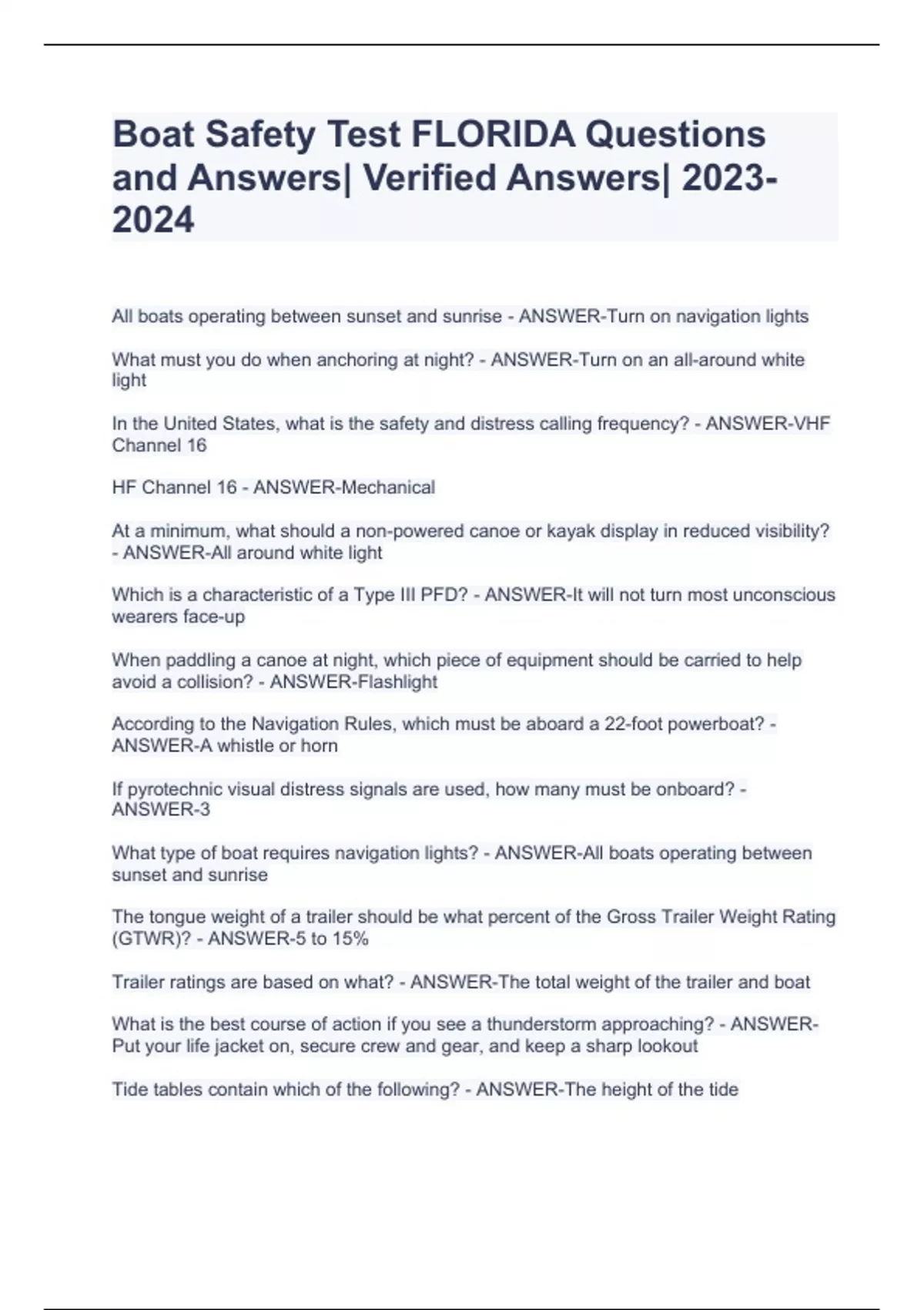 Boat Safety Test FLORIDA Questions and Answers Verified Answers