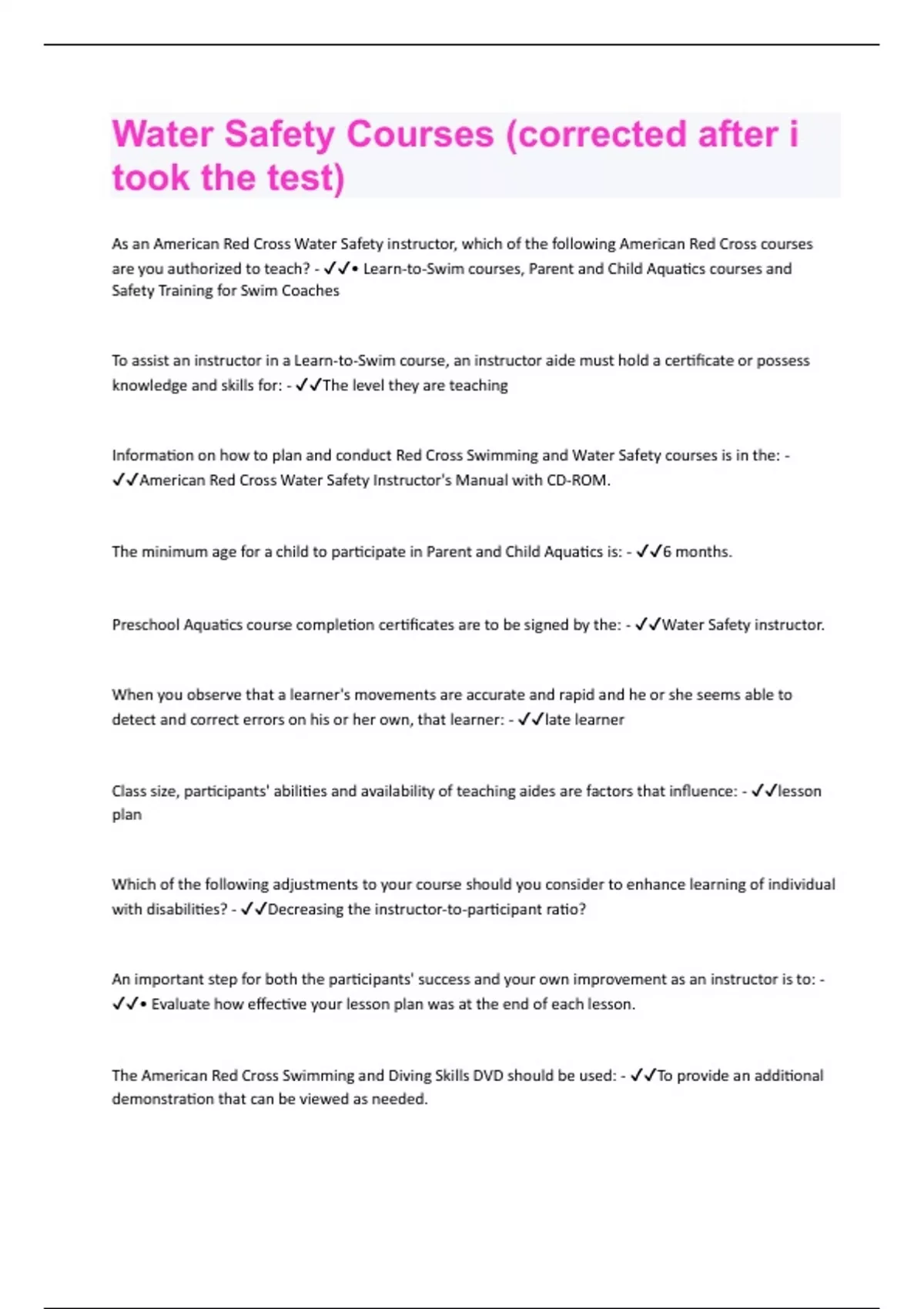 Water Safety Courses (corrected after i took the test) Questions and