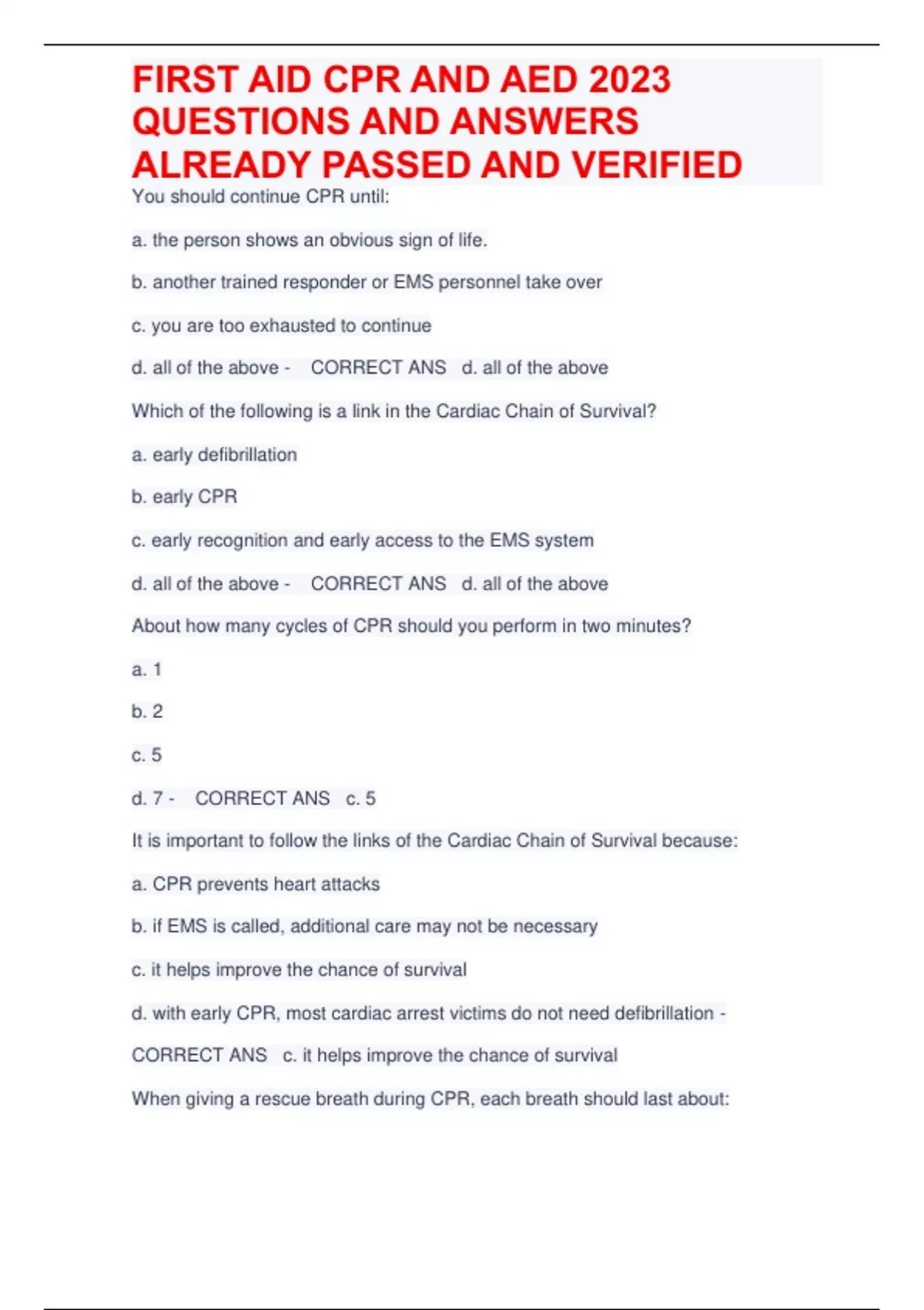 FIRST AID CPR AND AED 2023 QUESTIONS AND ANSWERS ALREADY PASSED AND VERIFIED FIRST AID CPR AND