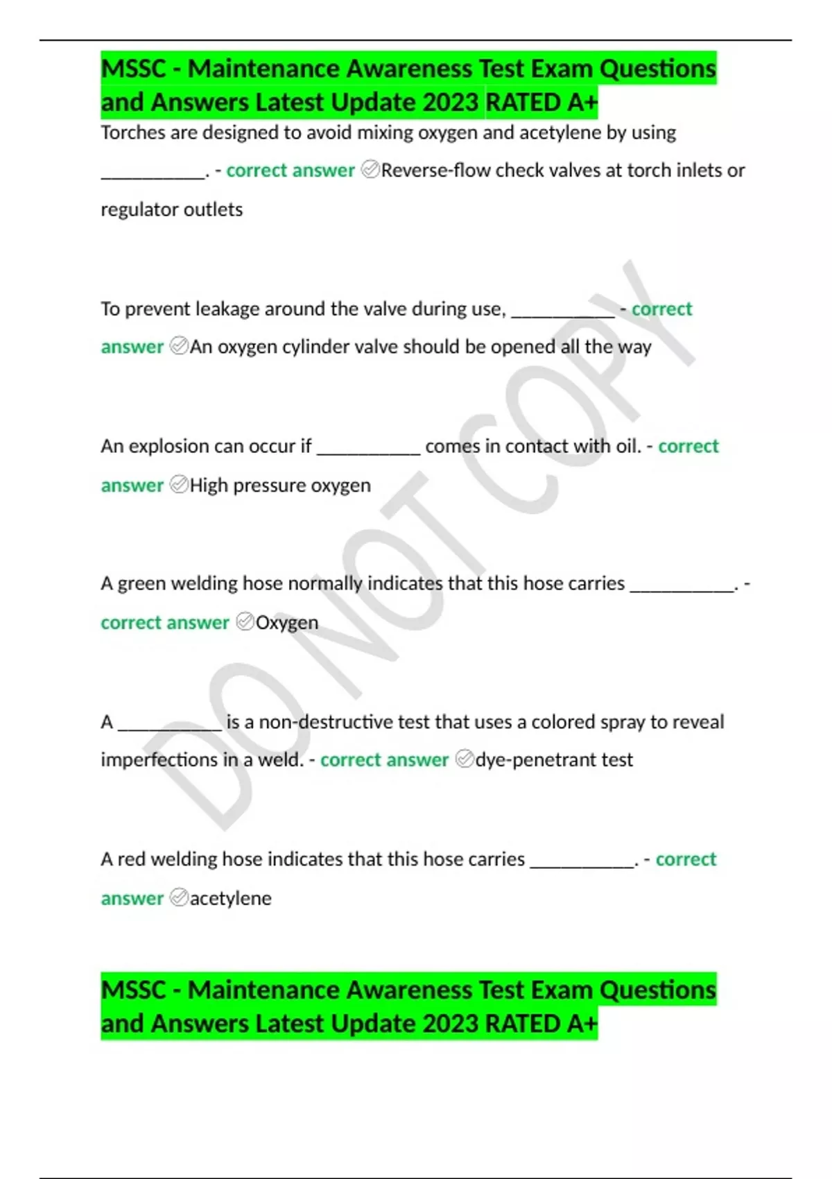 MSSC Maintenance Awareness Test Exam Questions and Answers Latest