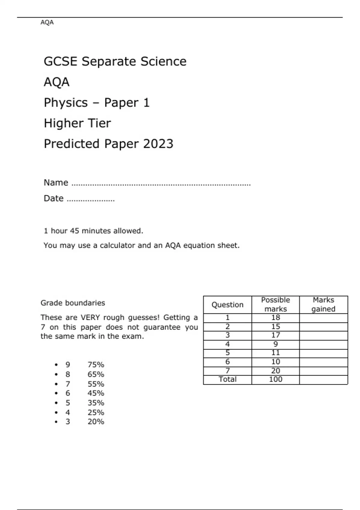AQA GCSE Separate Science Physics Paper 1 and 2 Higher Tier Predicted ...