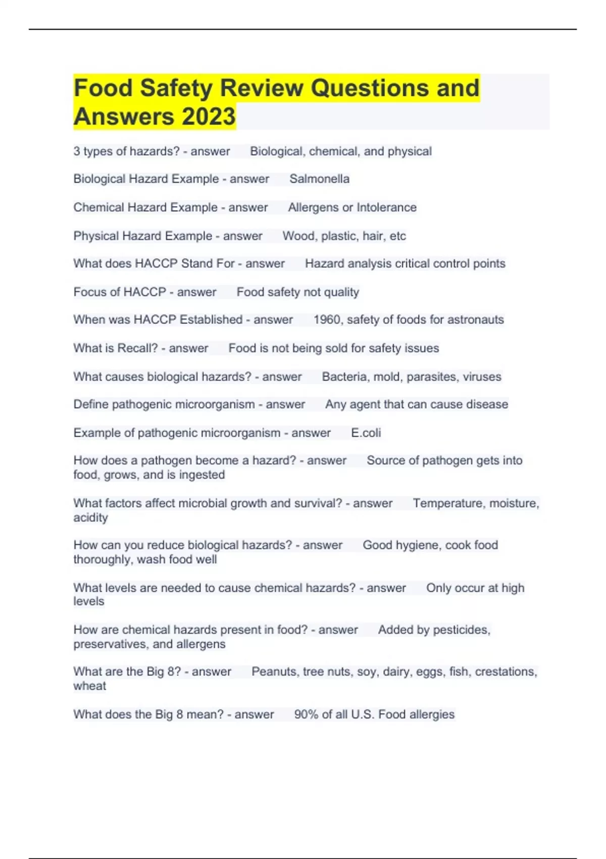Food Safety Review Questions and Answers 2023 Food safety Stuvia US