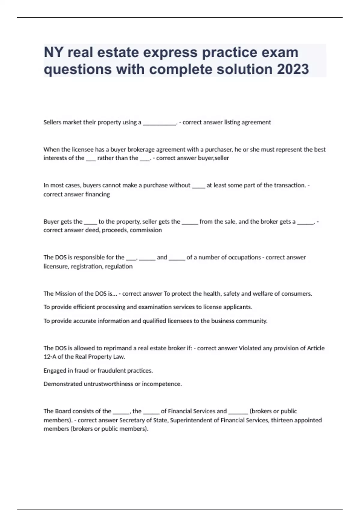 NY real estate express practice exam questions with complete solution