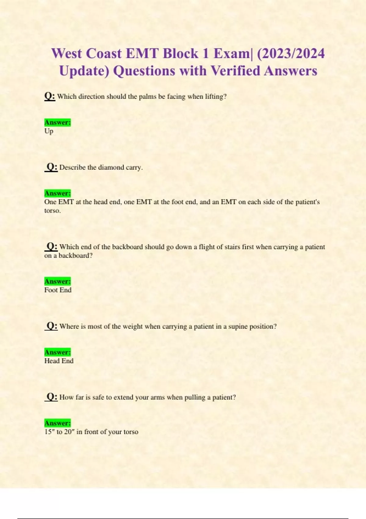 West Coast EMT Block 1 Exam (2023/2024 Update) Questions with Verified Answers WEST COAST EMT