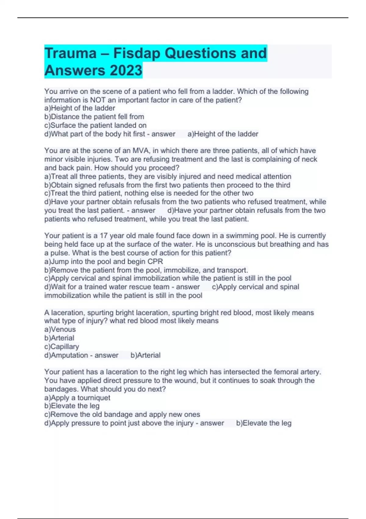 Trauma – Fisdap Questions and Answers 2023 - EMT Fisdap - Stuvia US