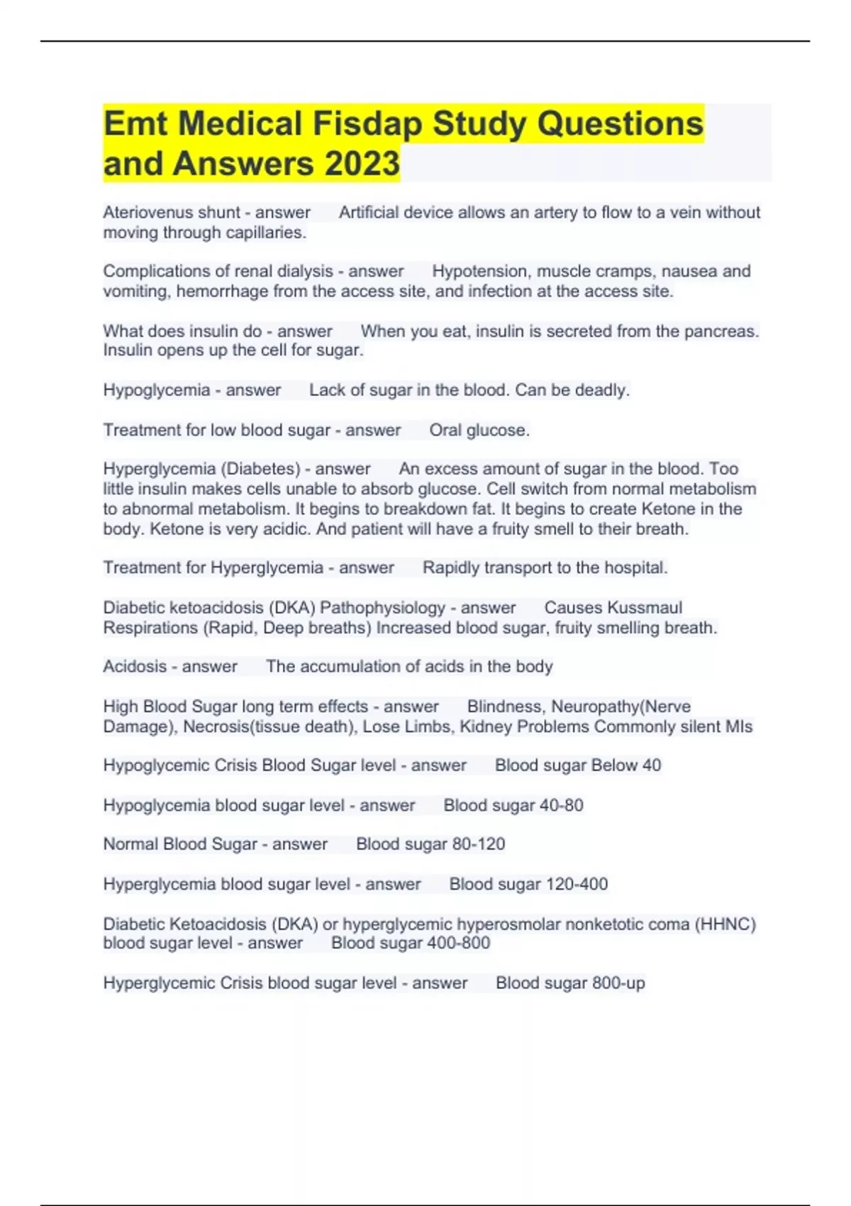 Emt Medical Fisdap Study Questions and Answers 2023 EMT FISDAP