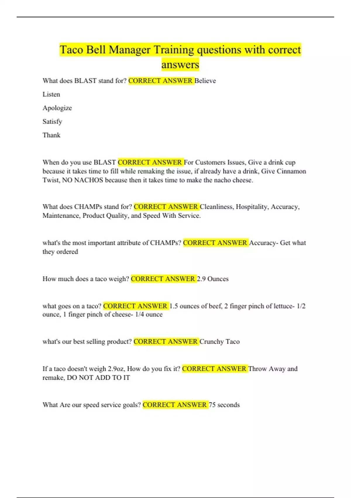 Taco Bell Manager Training questions with correct answers Taco Bell