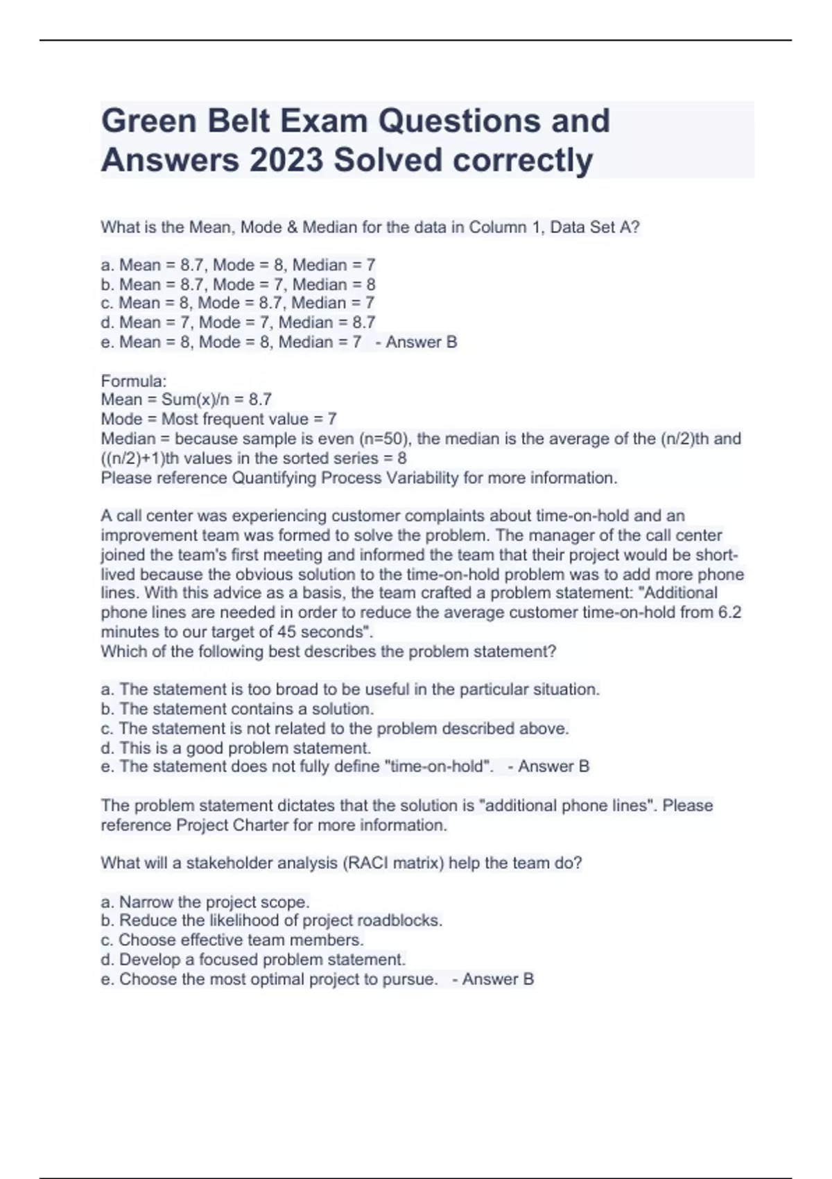 Green Belt Exam Questions and Answers 2023 Solved correctly Green