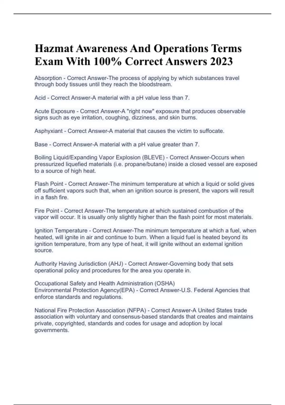 Hazmat Awareness And Operations Terms Exam With 100 Correct Answers
