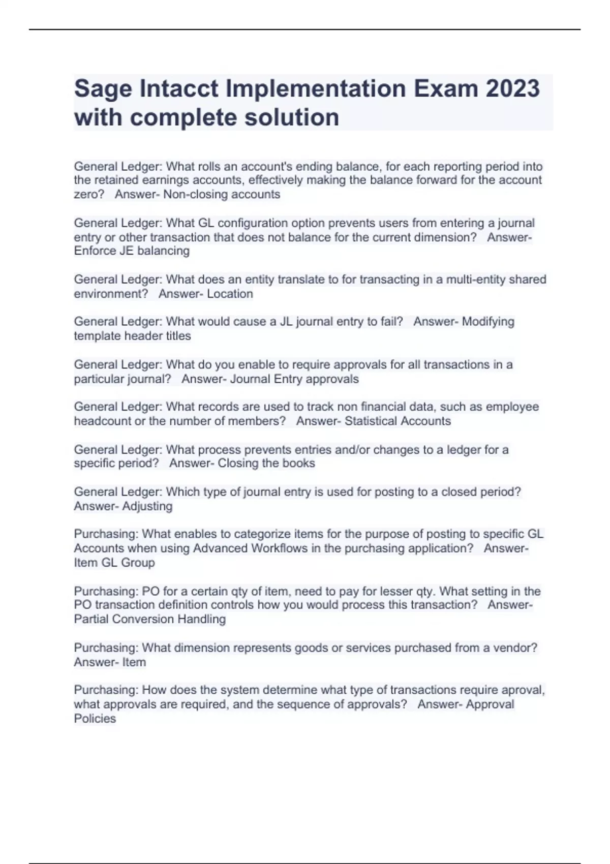 Sage Intacct Implementation Exam 2023 with complete solution SAGE