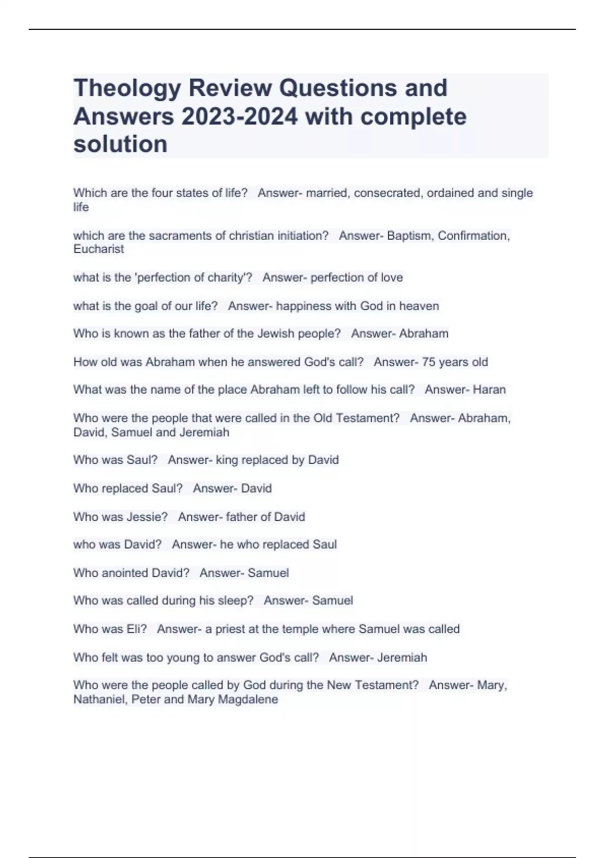 Theology Review Questions and Answers with complete solution - Theology ...