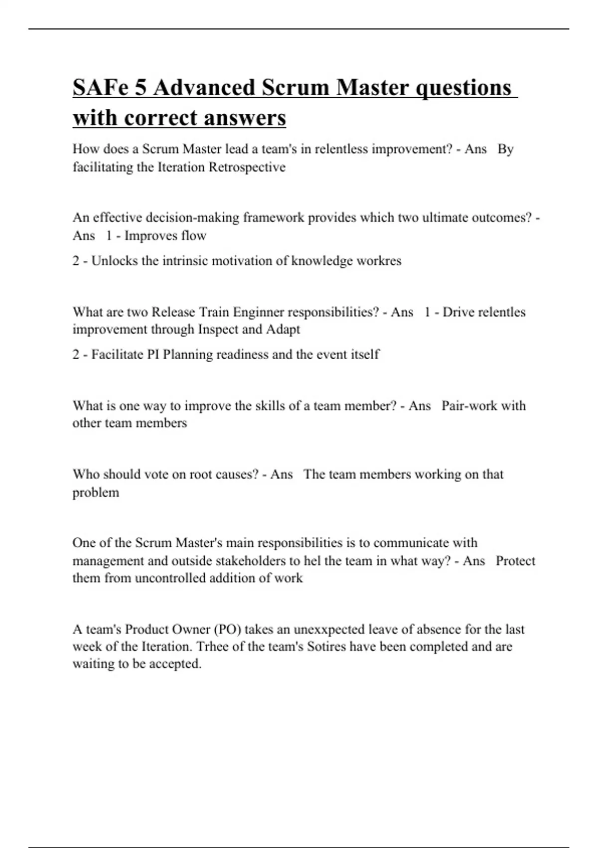 SAFe 5 Advanced Scrum Master questions with correct answers SAFe 5