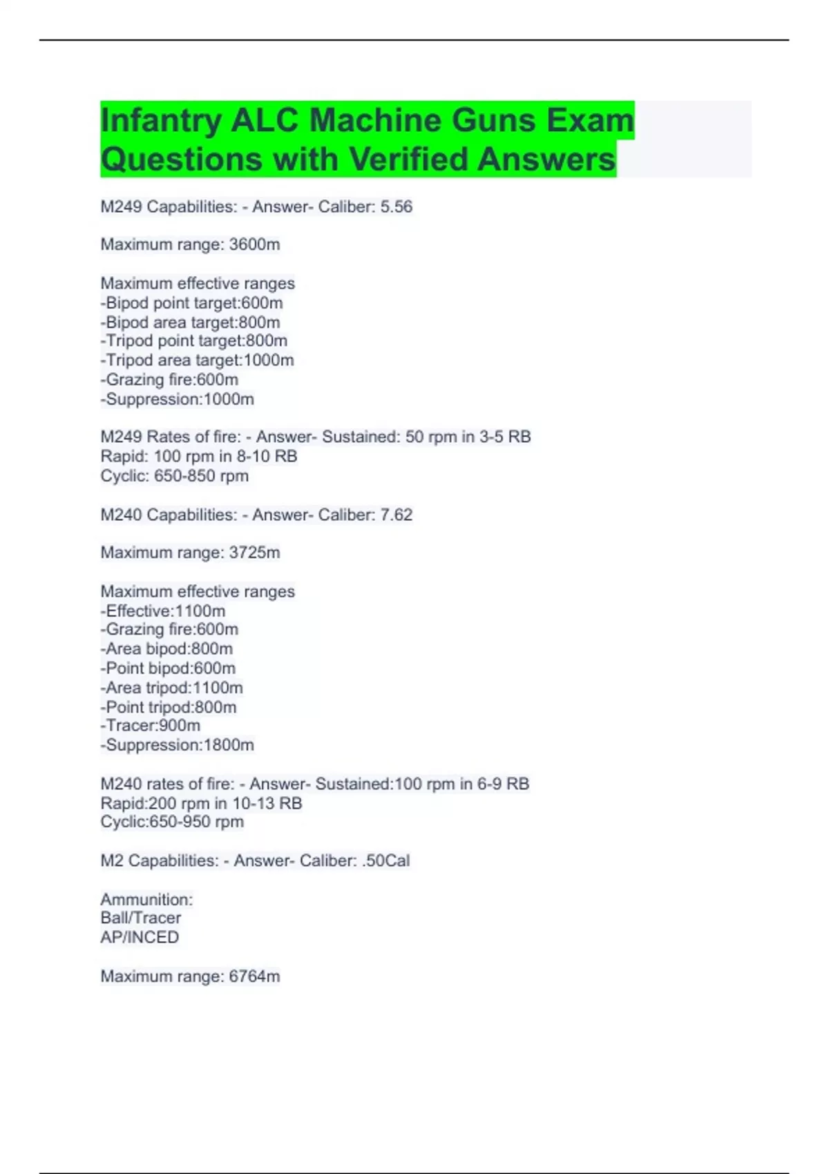 Infantry ALC Machine Guns Exam Questions with Verified Answers ALC