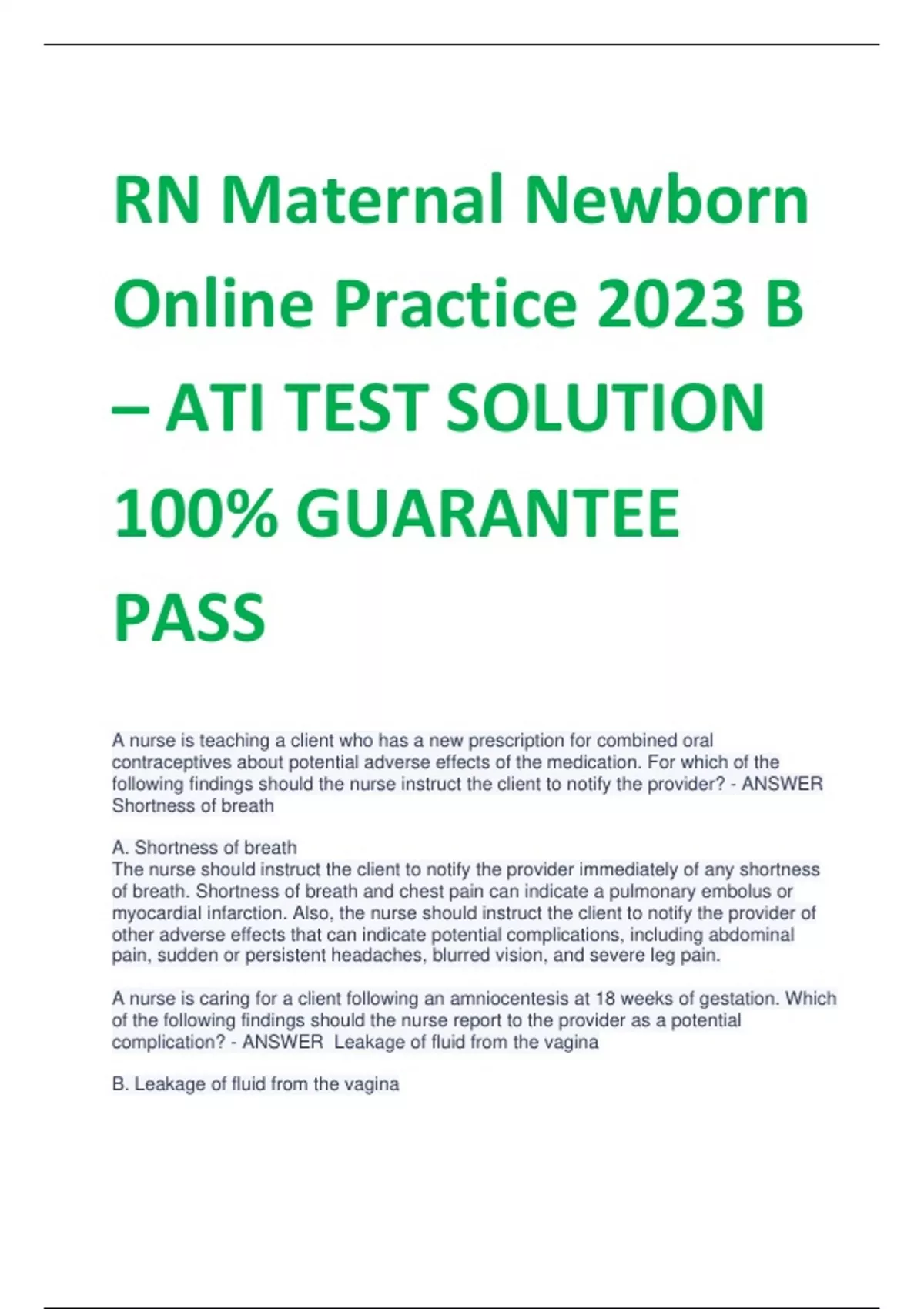 RN Maternal Newborn Online Practice 2023 B ATI TEST SOLUTION 100