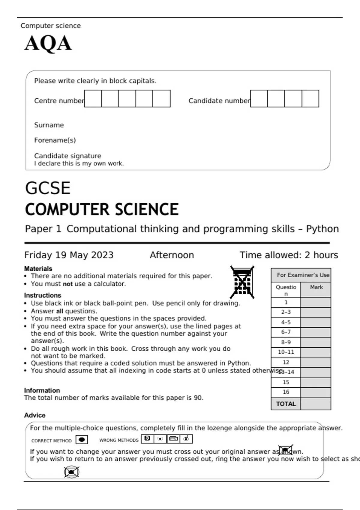 AQA GCSE COMPUTER SCIENCE Paper 1B MAY 2023 QUESTION PAPER