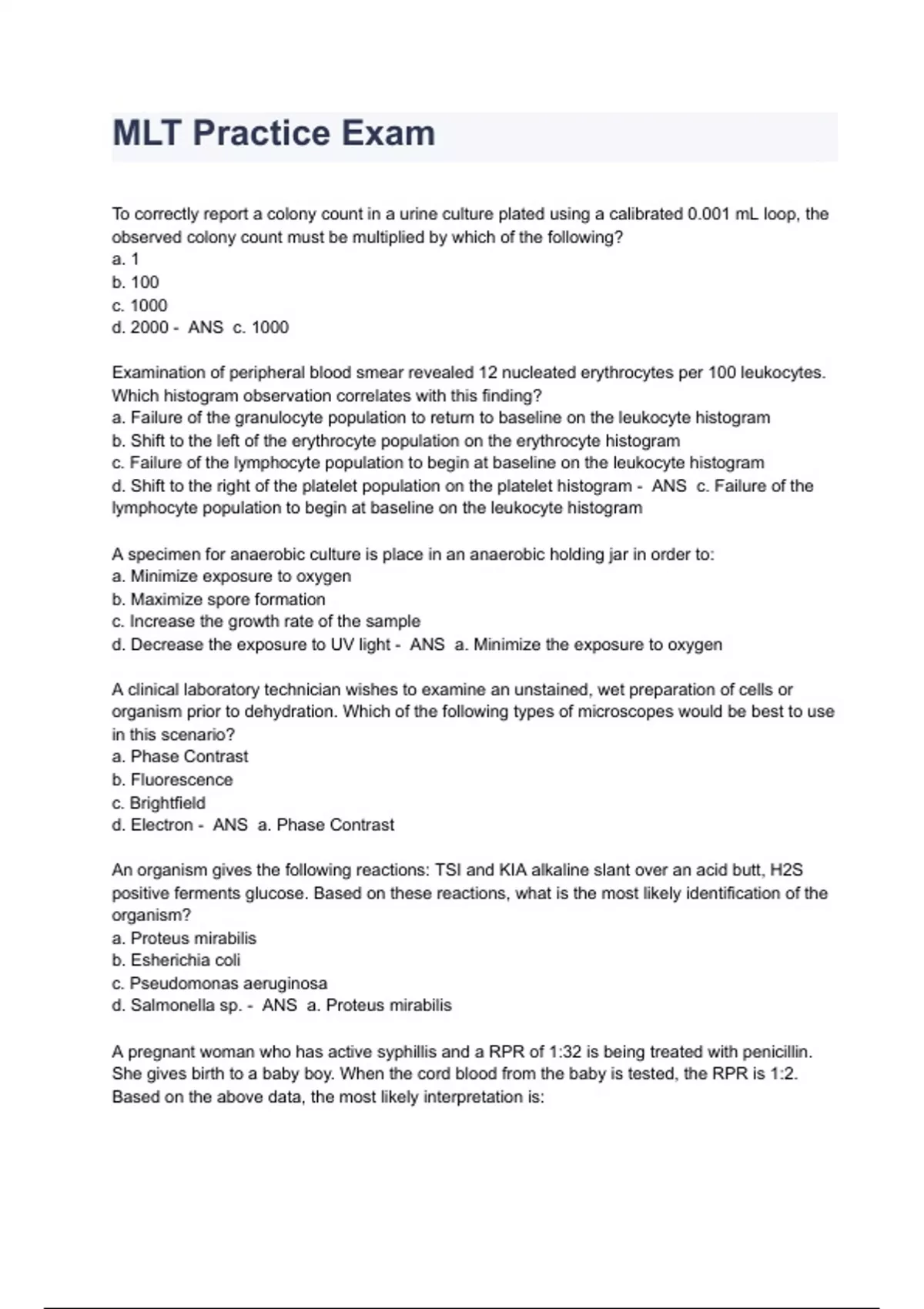 Mlt Comprehensive Exam Question Examples MLT Practice Exam Questions With Updated correct Answers - ASCP MLT ...