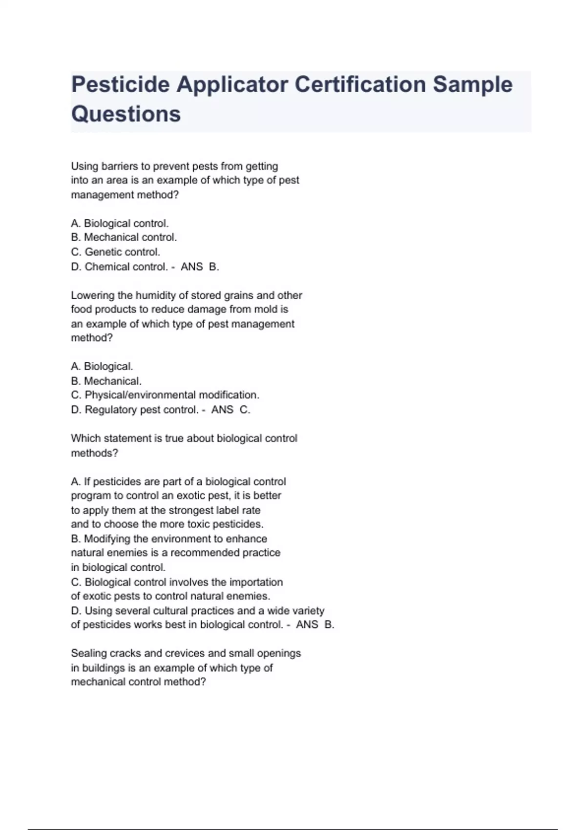 Pesticide Applicator Certification Exam 2023 Questions and Answers