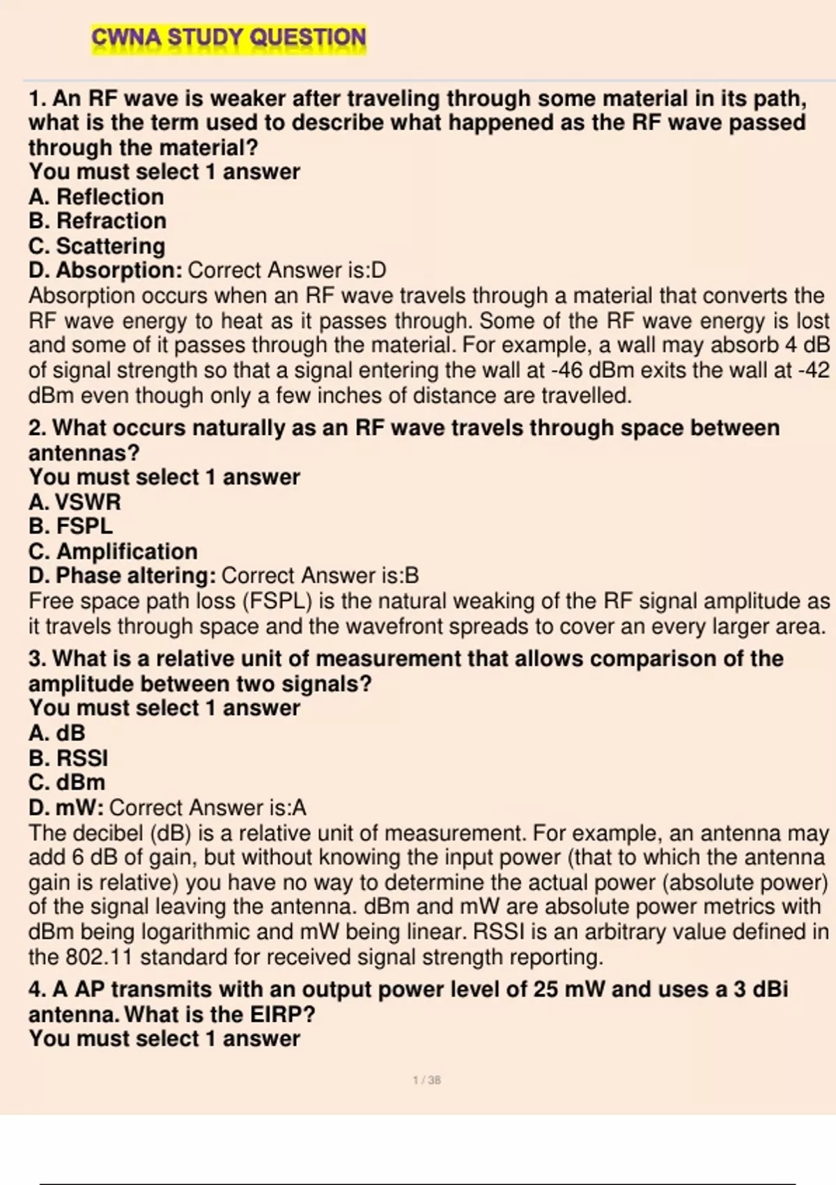 CWNA Study Question 1. An RF wave is weaker after traveling through ...