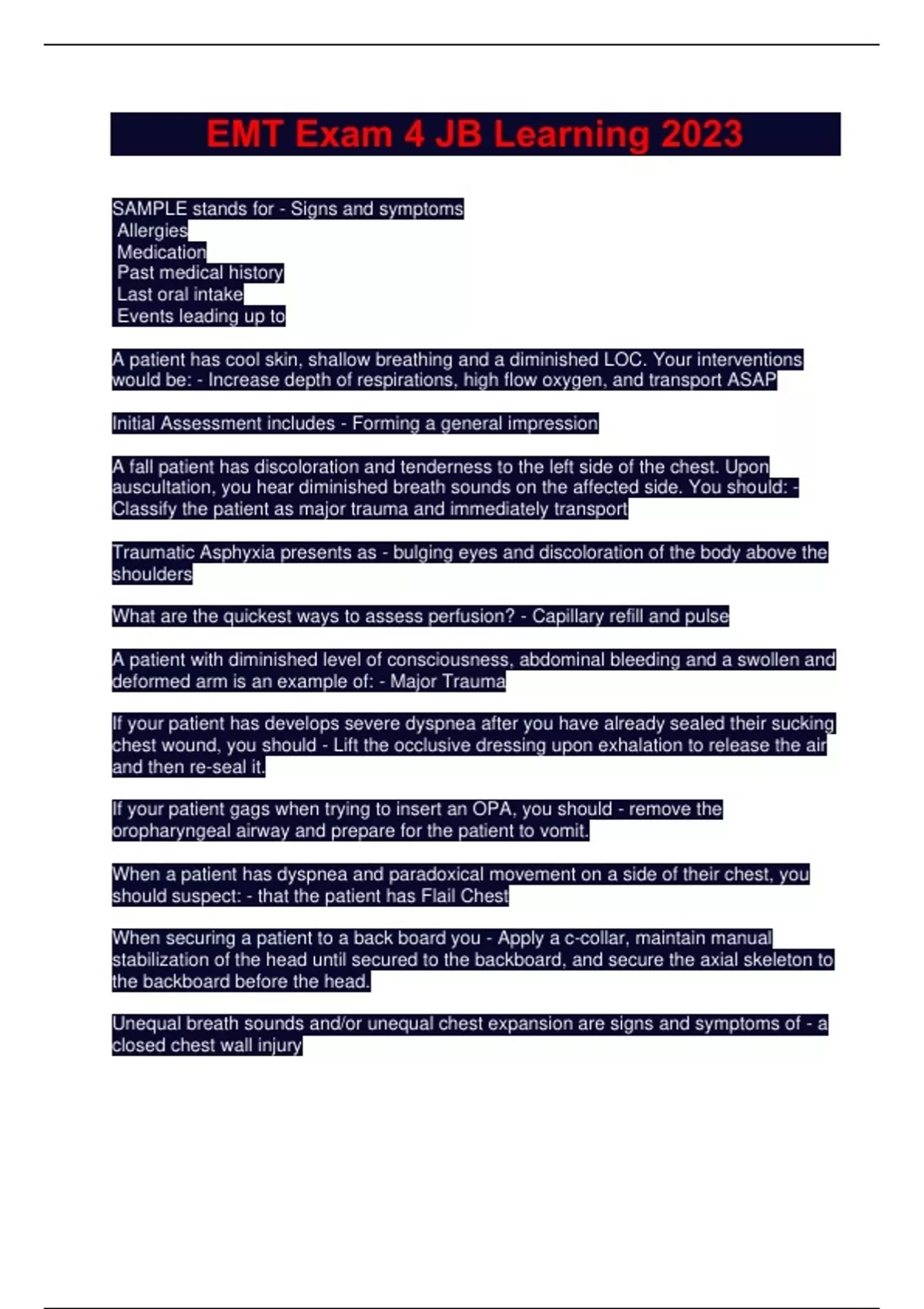 EMT Exam 4 JB Learning 2023 EMT Stuvia US