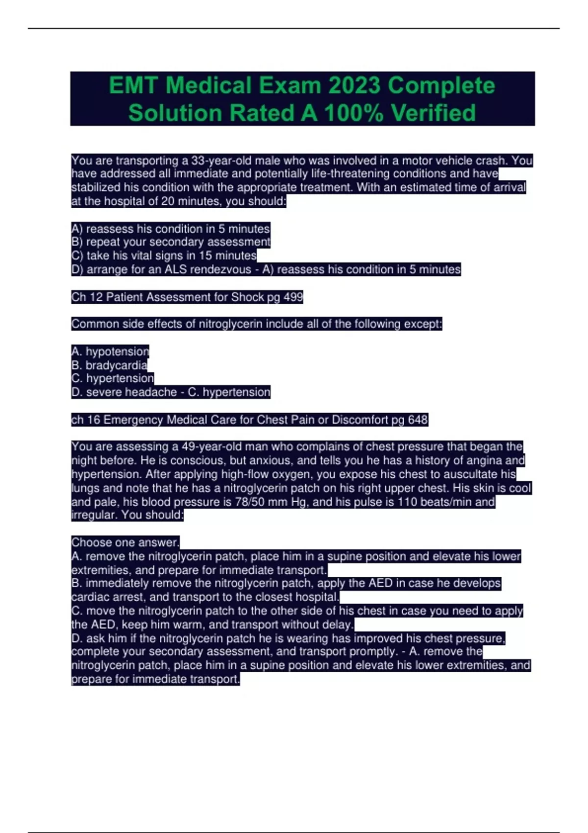 EMT Medical Exam 2023 Complete Solution Rated A 100 Verified EMT