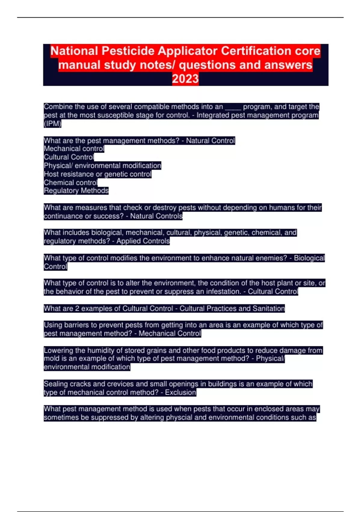 National Pesticide Applicator Certification core manual study notes