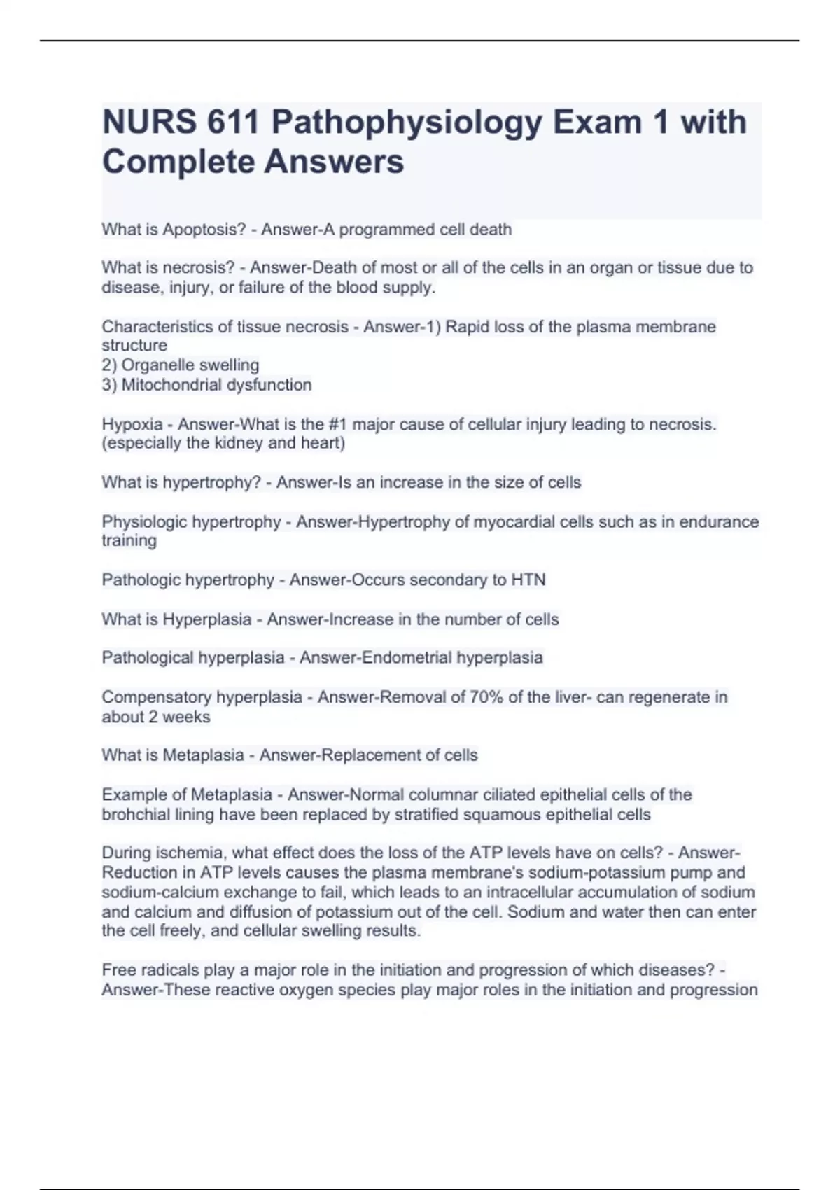 NURS 611 Pathophysiology Exam 1 with Complete Answers - NURS 611 ...