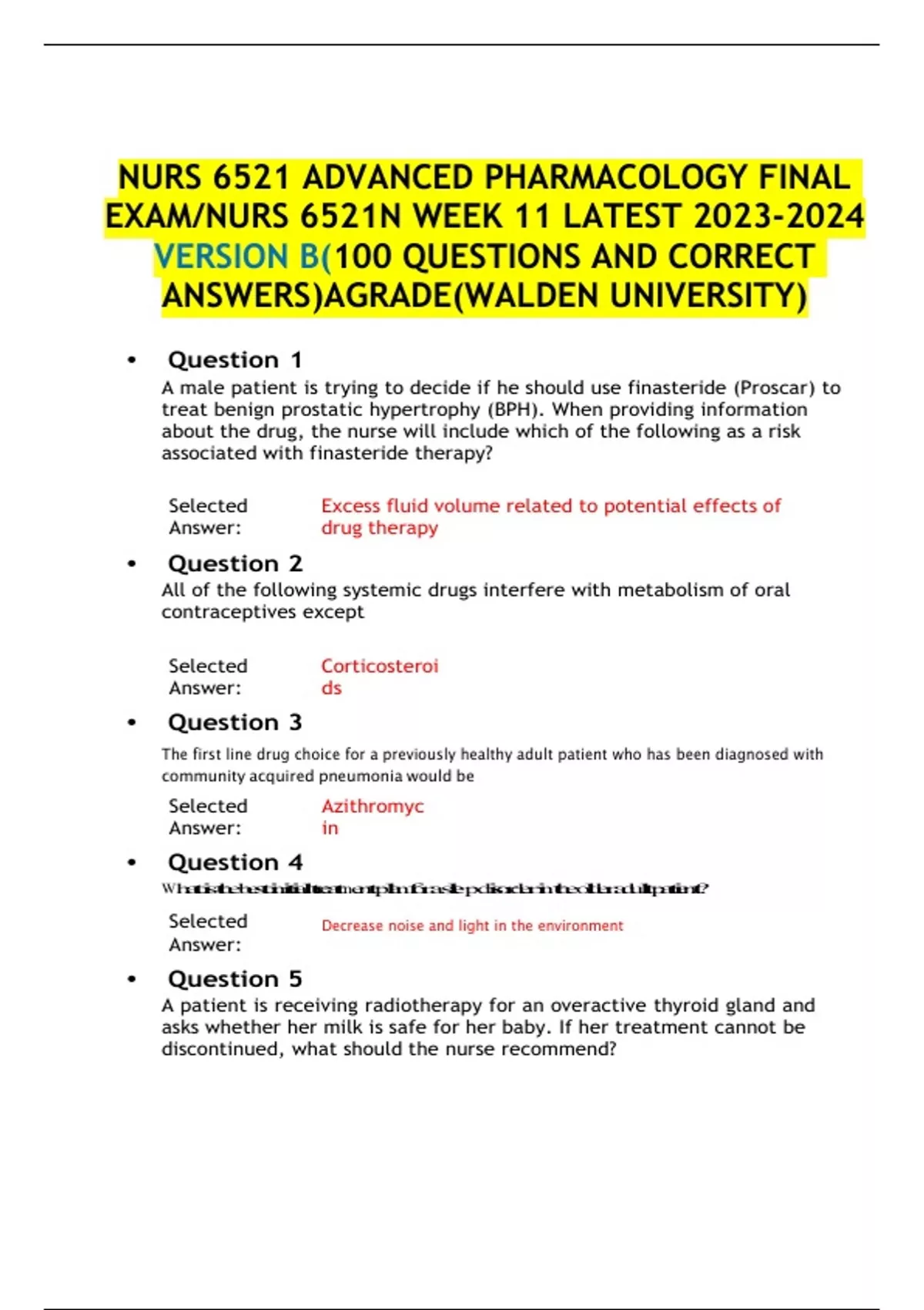 NURS 6521 ADVANCED PHARMACOLOGY FINAL EXAM/NURS 6521N WEEK 11 LATEST ...