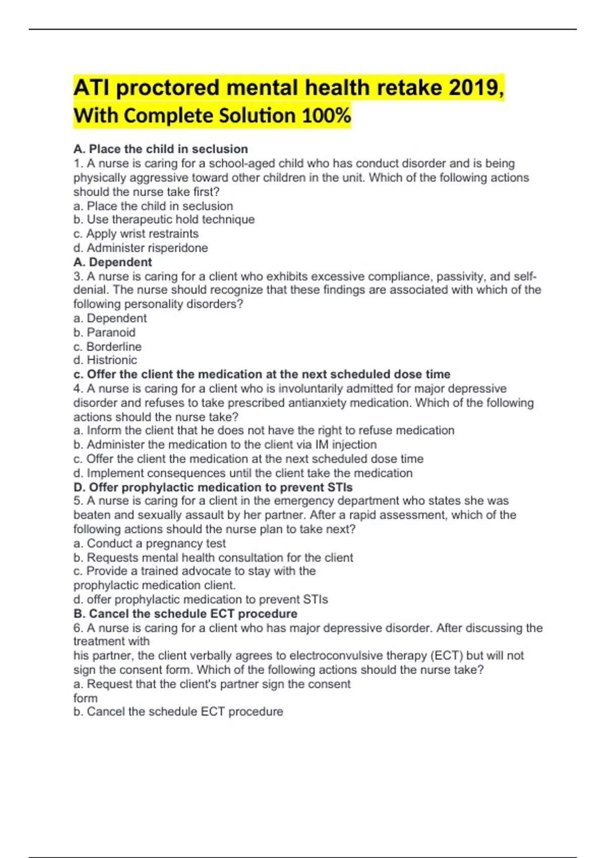 ATI proctored mental health retake 2019, With Complete Solution 100% ...