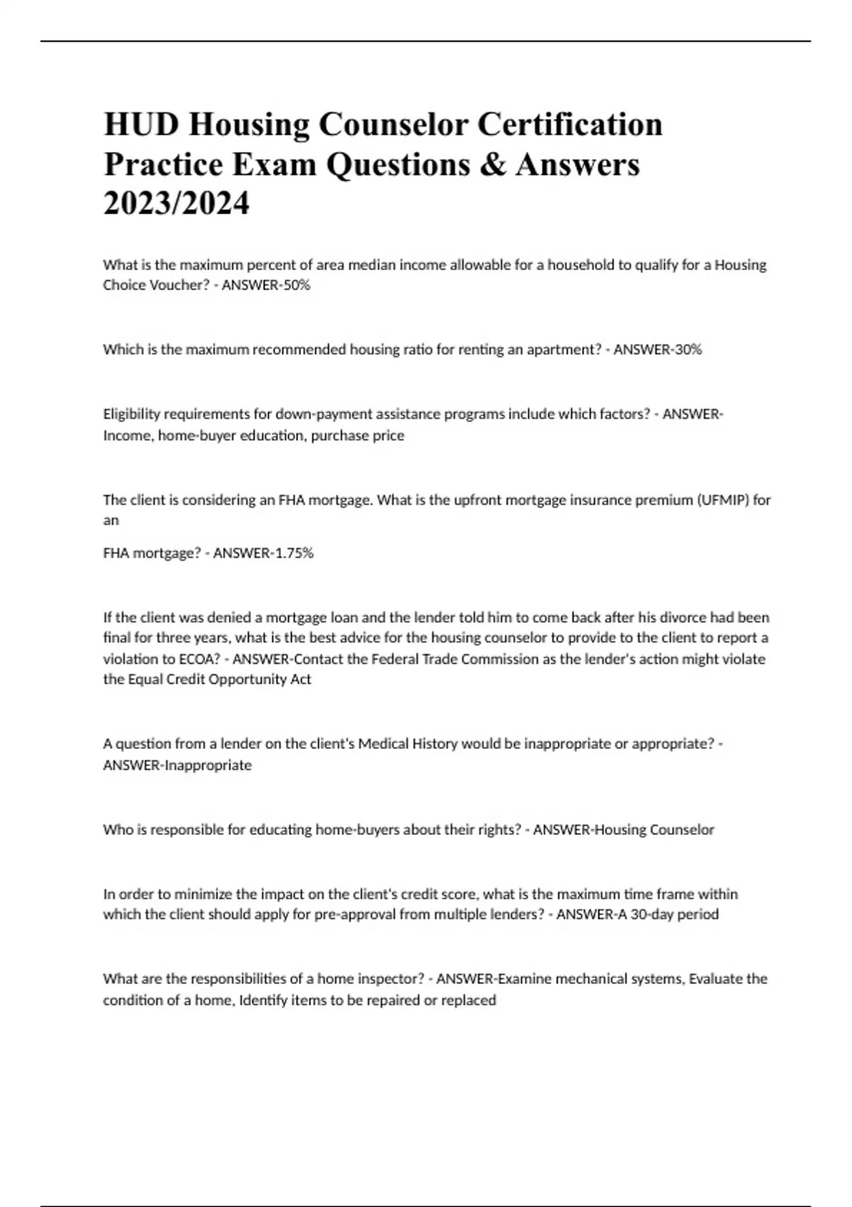 HUD Housing Counselor Certification Practice Exam Questions & Answers