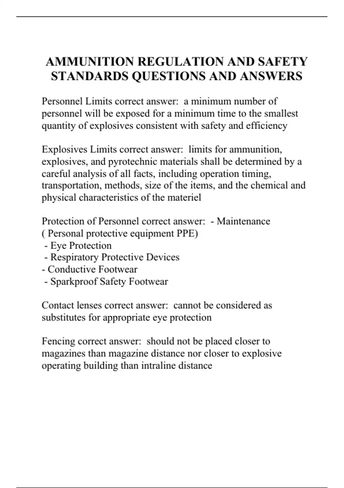 AMMUNITION REGULATION AND SAFETY STANDARDS QUESTIONS AND ANSWERS