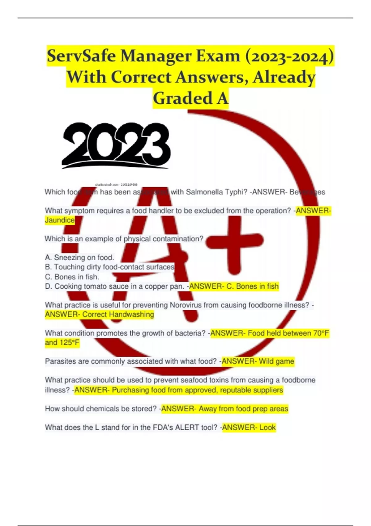 Servsafe Exams 2023 LATEST AND VERIFIED QUESTIONS AND ANSWERS - Stuvia US