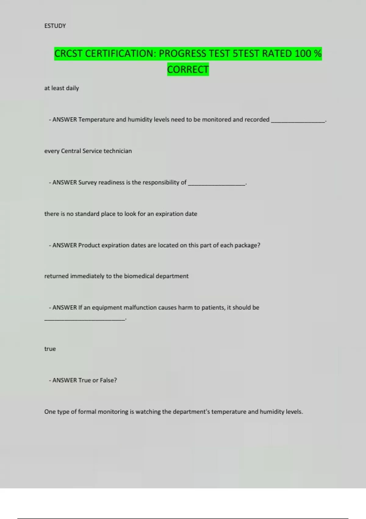 CRCST CERTIFICATION: PROGRESS EXAM TEST PACKAGE 2024 Stuvia US