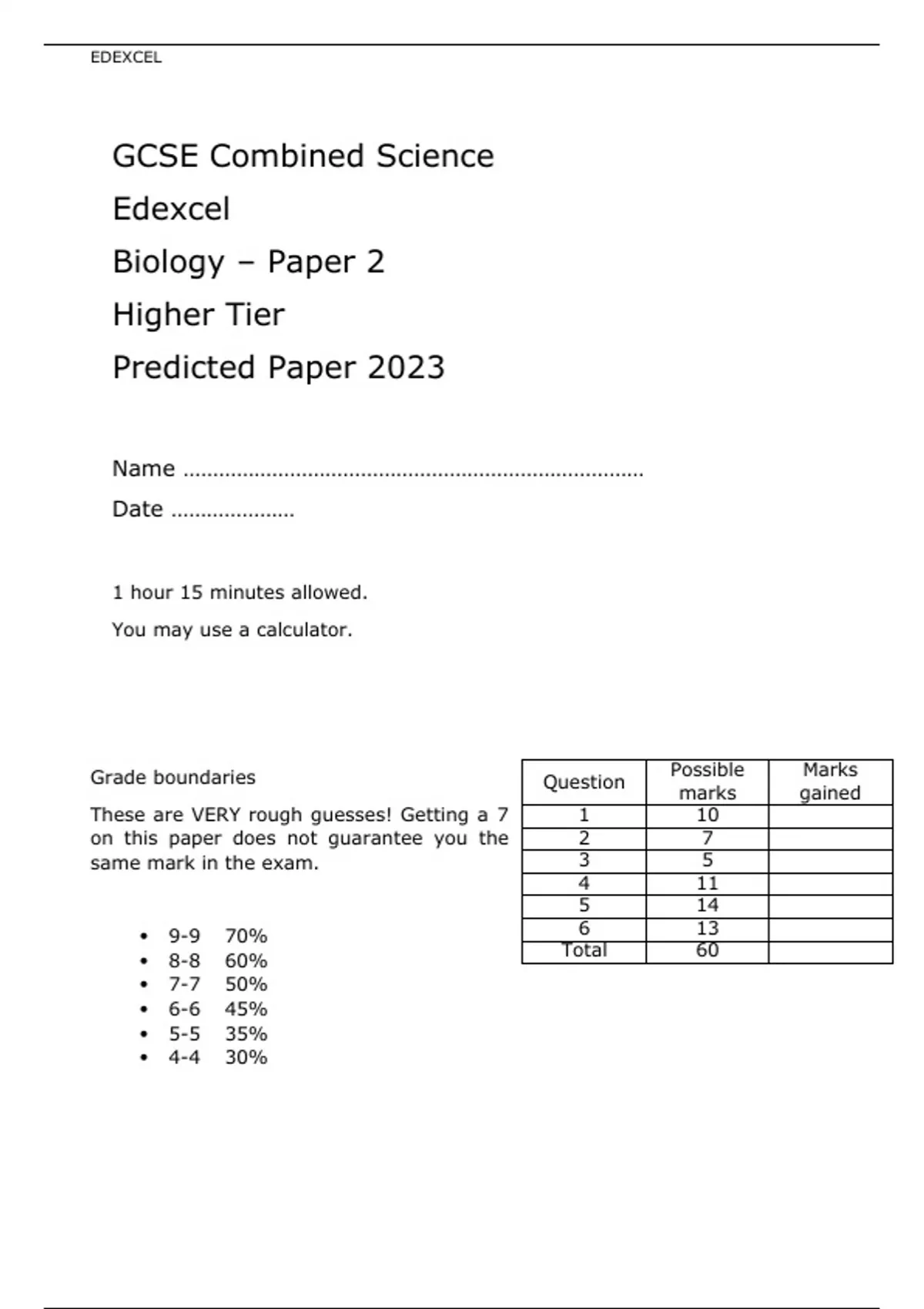 Edexcel GCSE Combined Science Biology Paper 2 Higher Tier Predicted