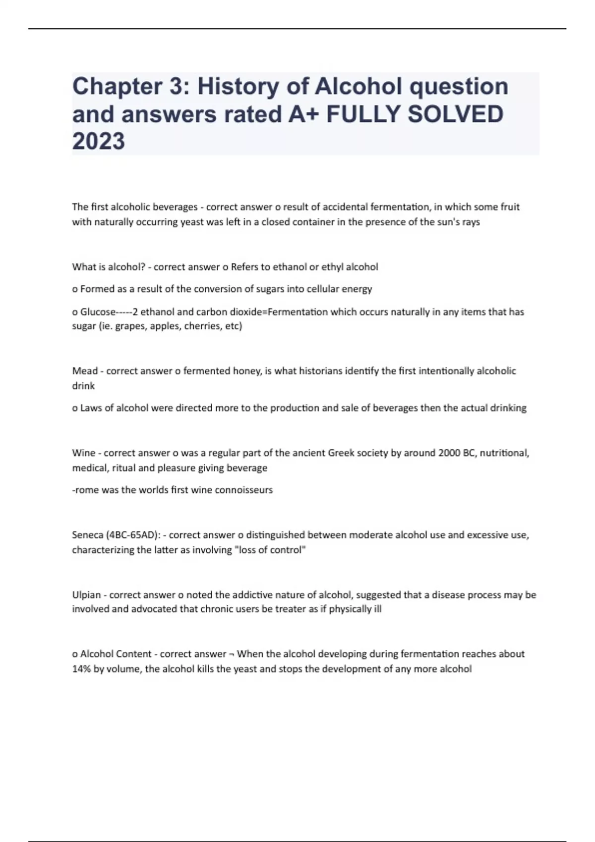 Chapter 3 History of Alcohol question and answers rated A+ FULLY