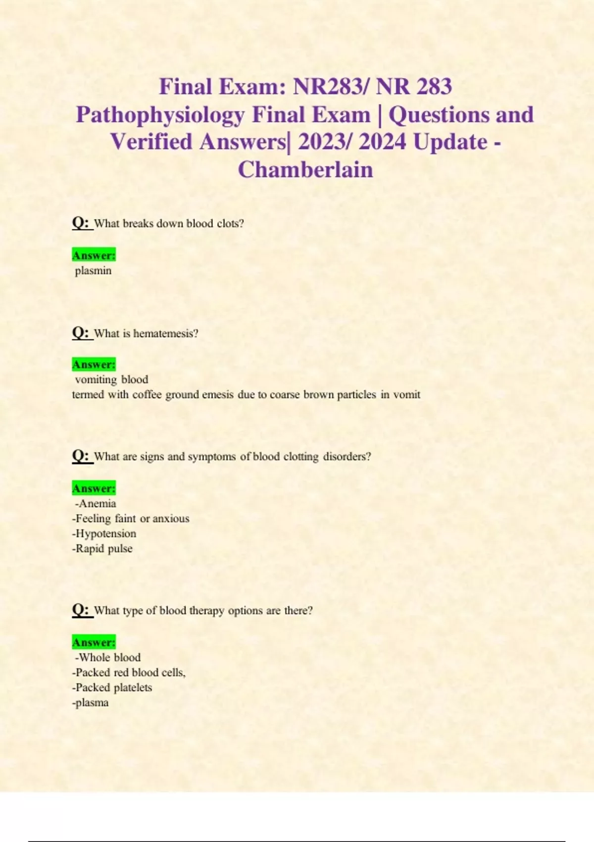 Final Exam: NR283/ NR 283 Pathophysiology Final Exam | Questions and ...