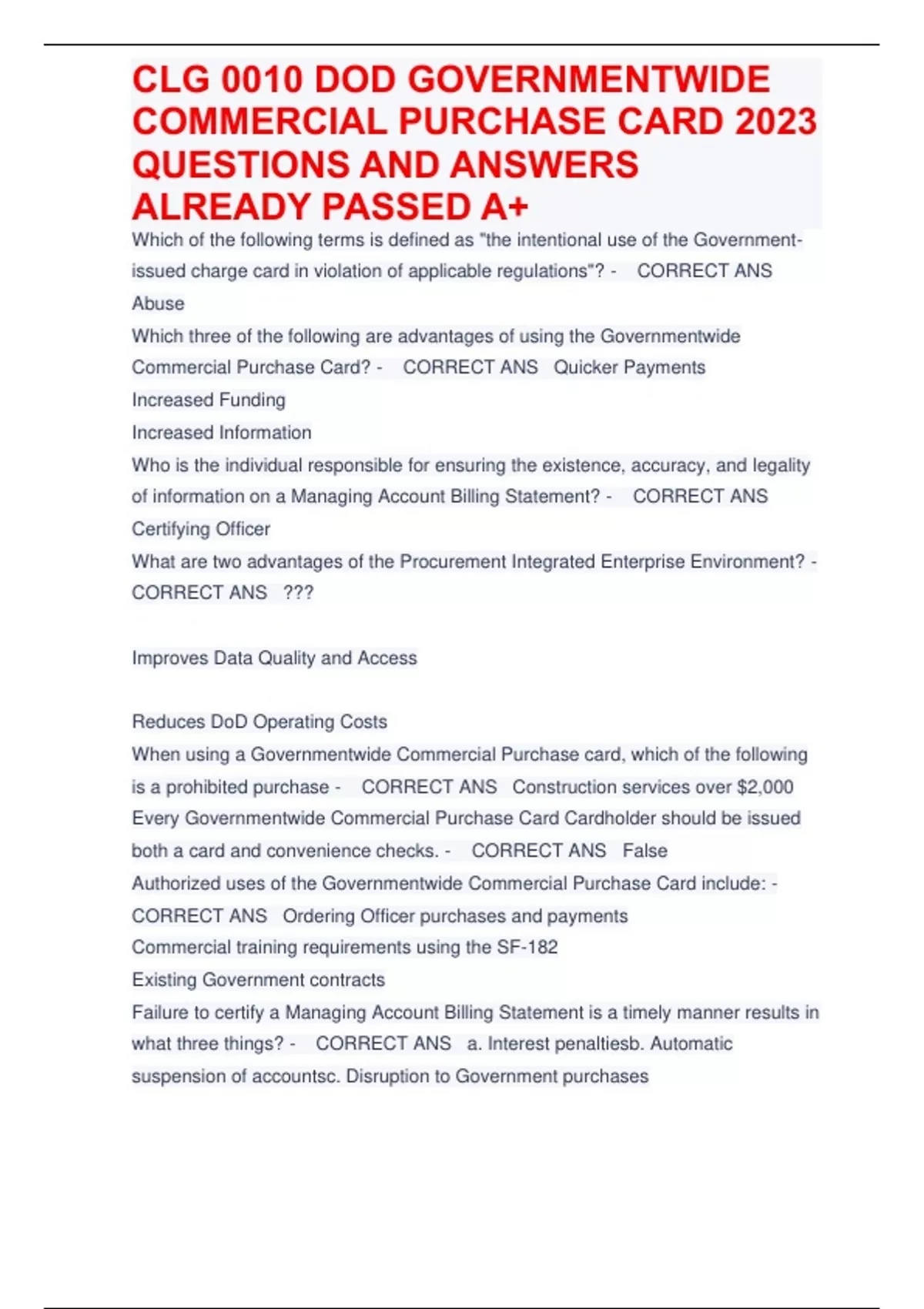 CLG 0010 DOD GOVERNMENTWIDE COMMERCIAL PURCHASE CARD 2023 QUESTIONS AND