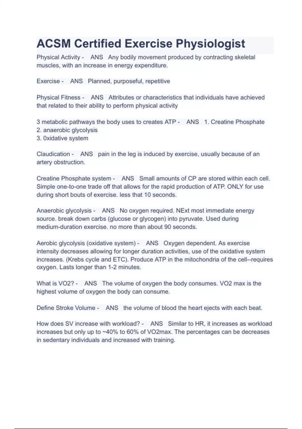 ACSM Certified Exercise Physiologist ALL QUESTIONS AND ANSWERS LATEST