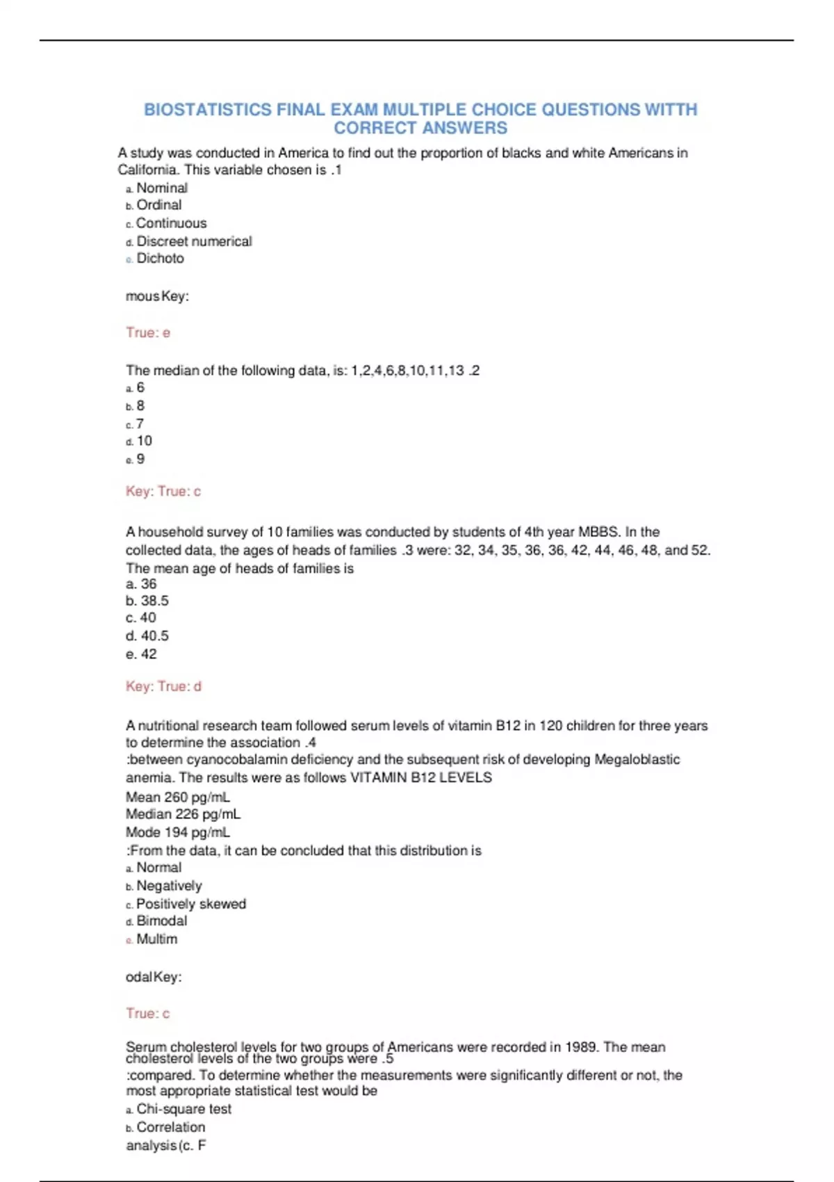 BIOSTATISTICS FINAL EXAM MULTIPLE CHOICE QUESTIONS WITTH CORRECT ...