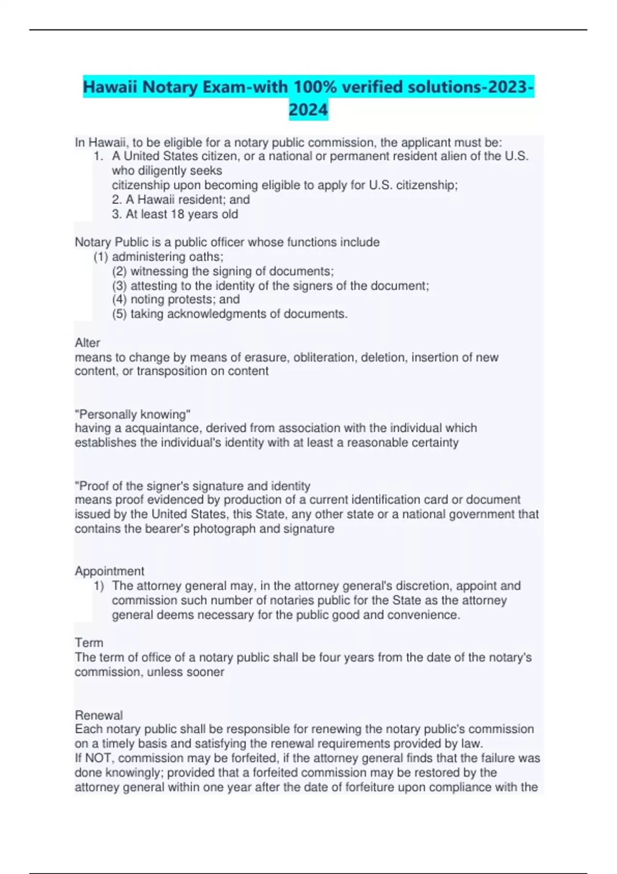 Hawaii Notary Examwith 100 verified solutions20232024 Hawaii
