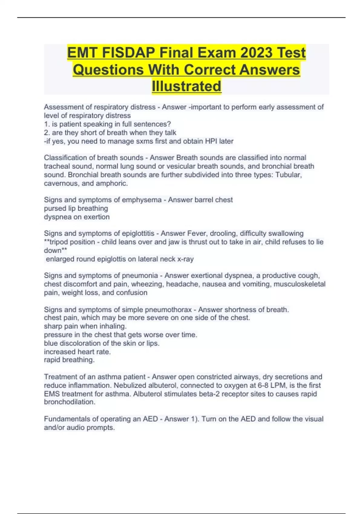 EMT FISDAP Final Exam 2023 Test Questions With Correct Answers ...
