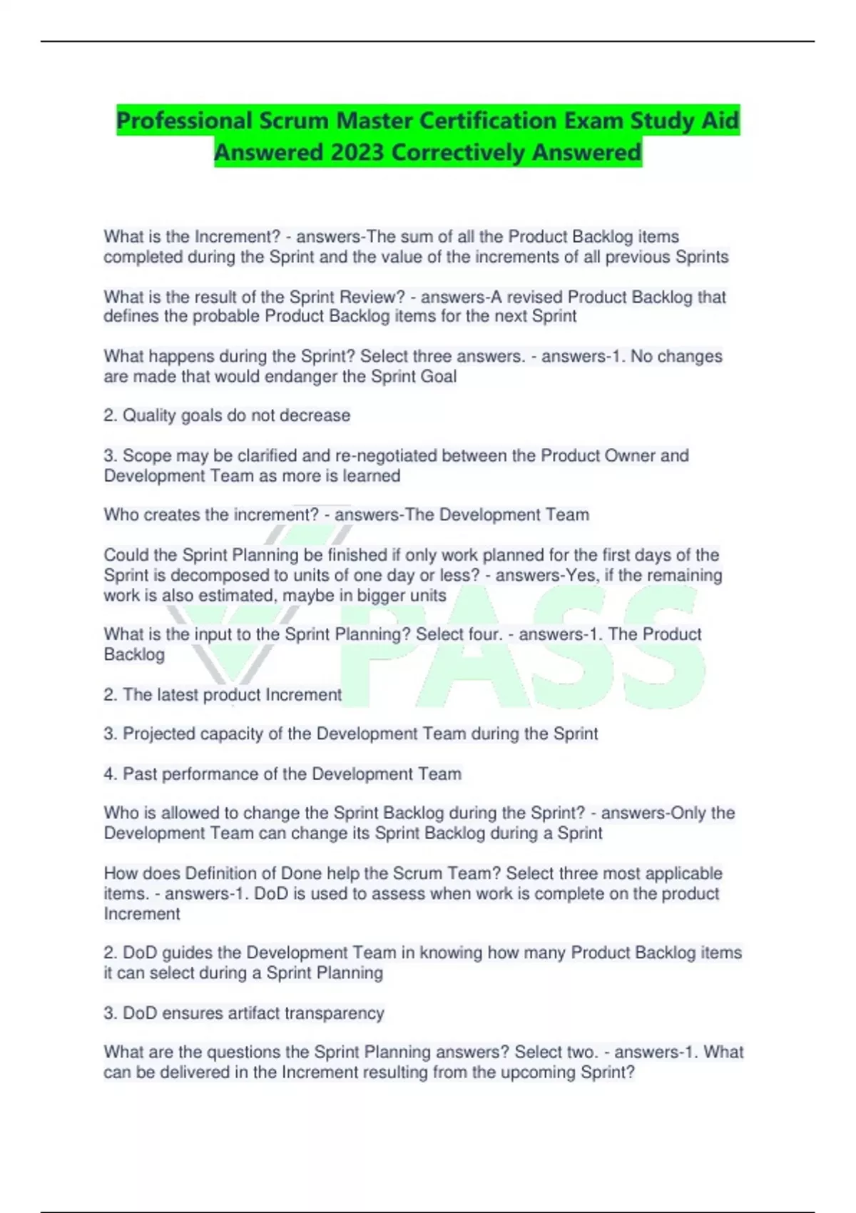 Professional Scrum Master Certification Exam Study Aid Answered 2023 ...